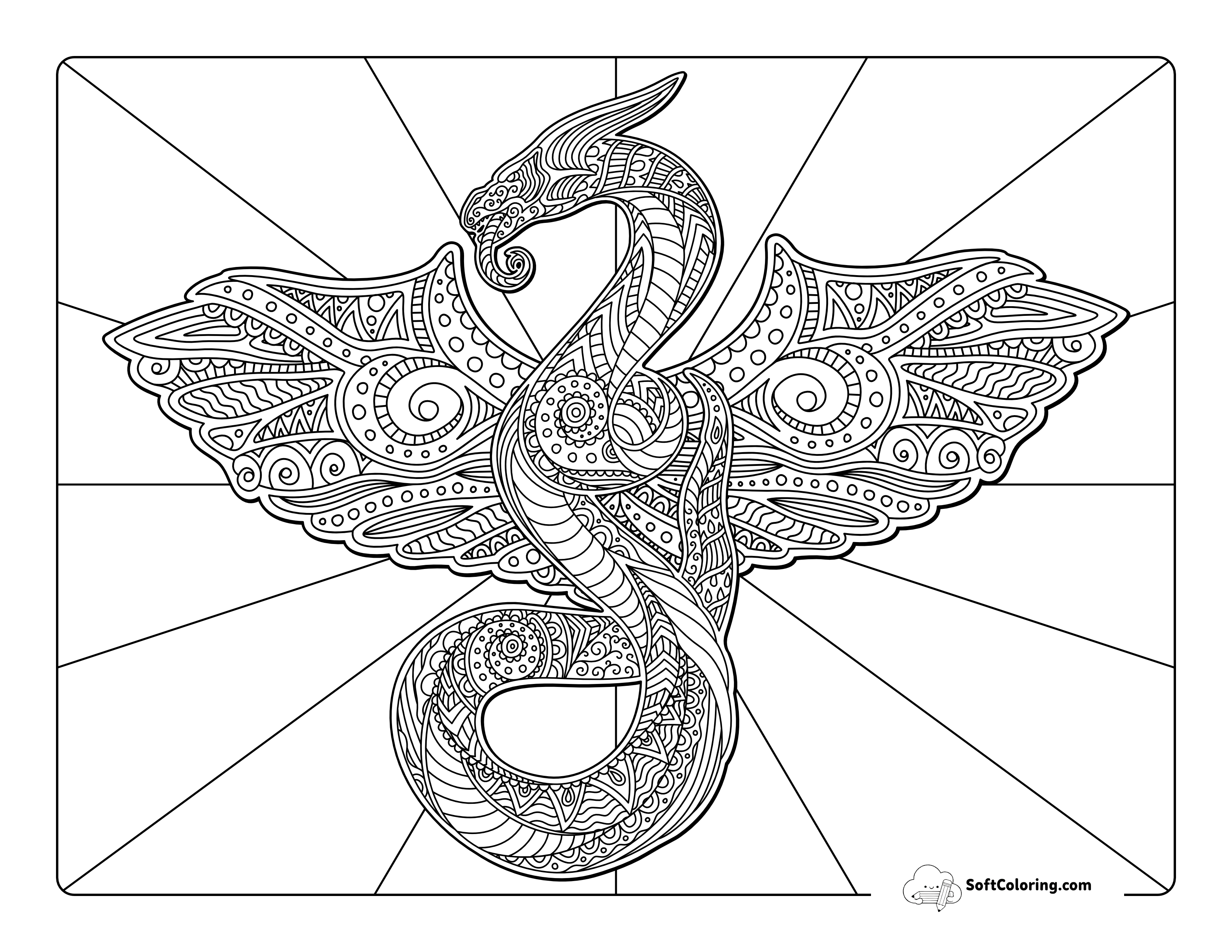 Patterned Dragon Coloring Page For Adults