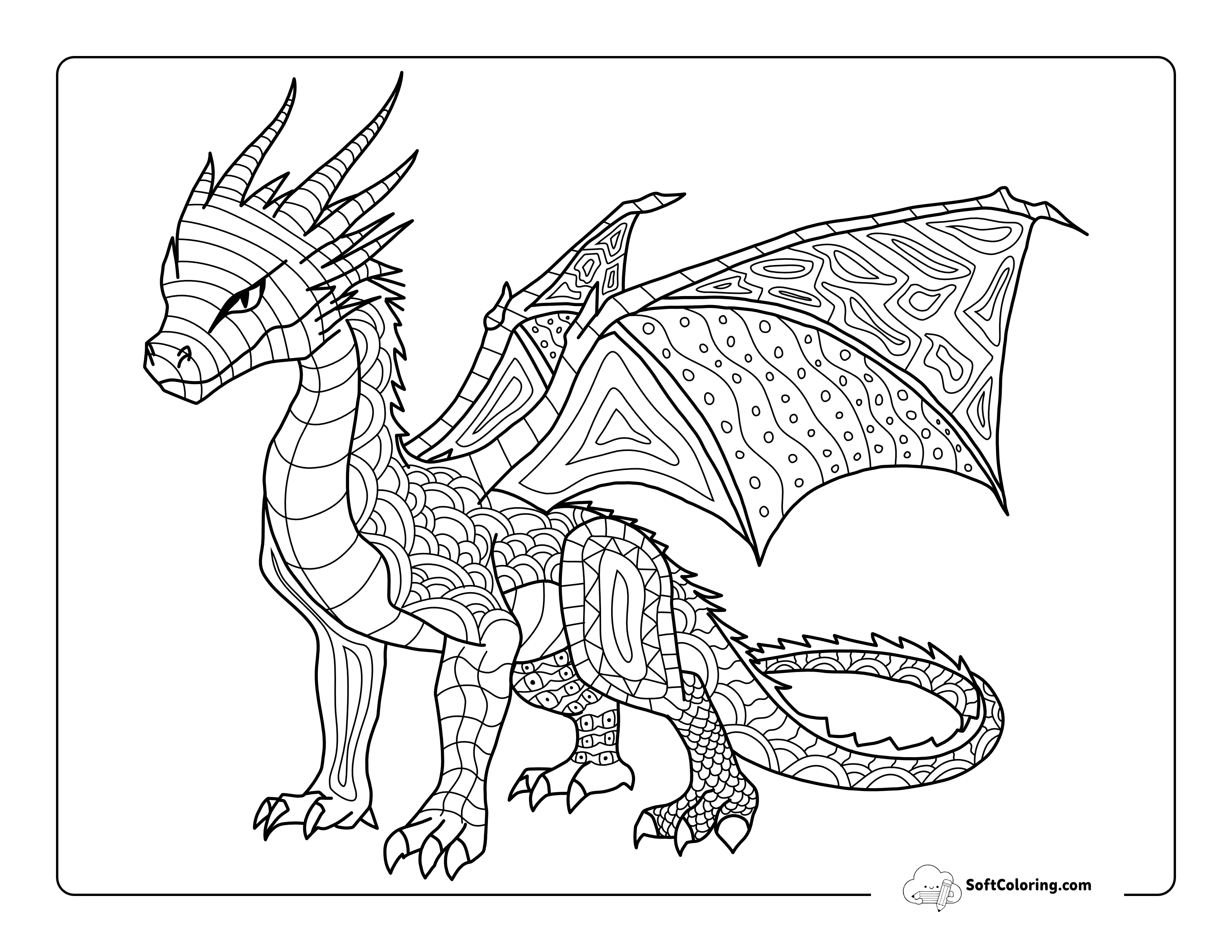 Patterned Realistic Dragon Coloring Page For Teens