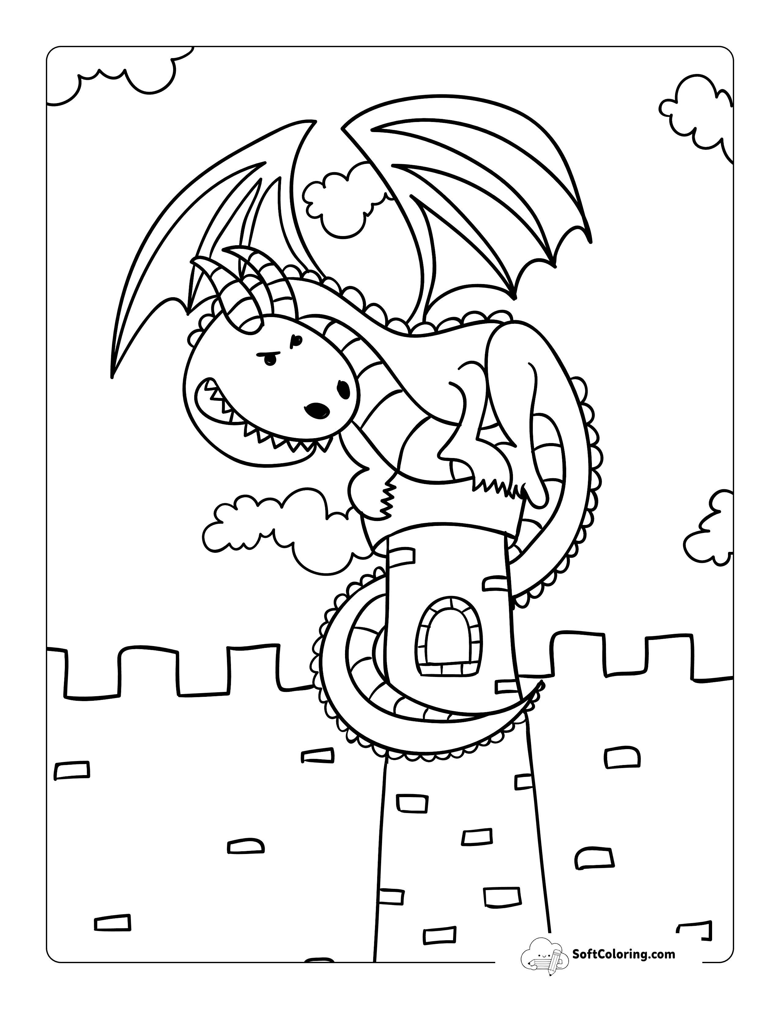 Easy Cartoon Dragon Defending Castle Printable For Kids