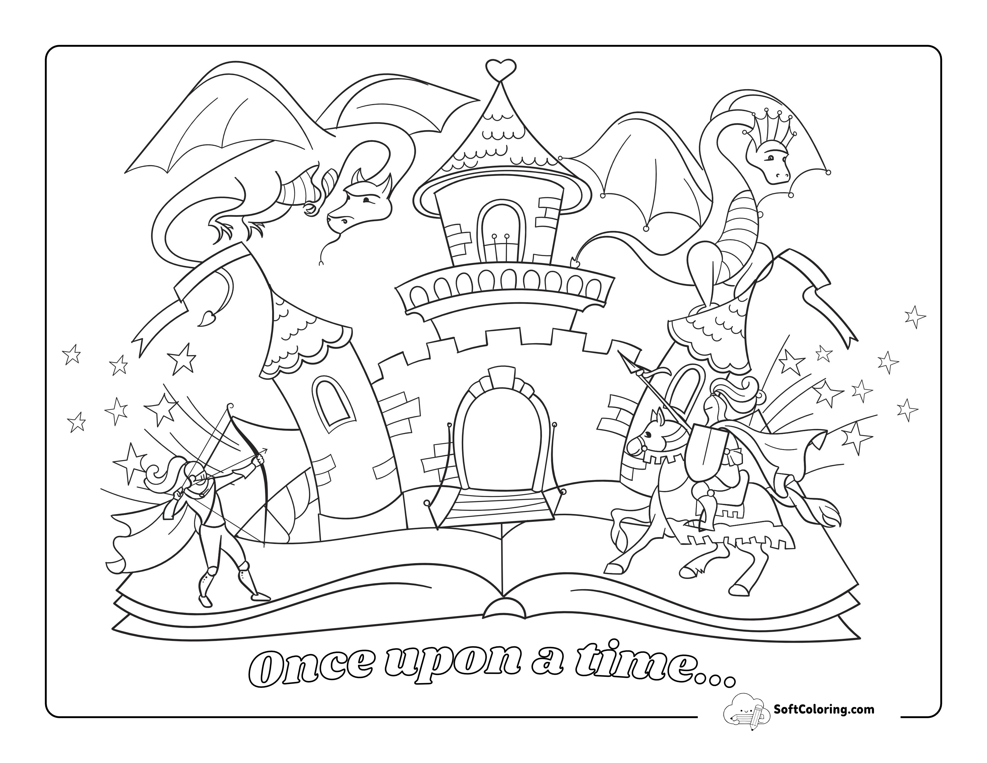 Fairy-Tale Knights And Dragons Coloring Sheet