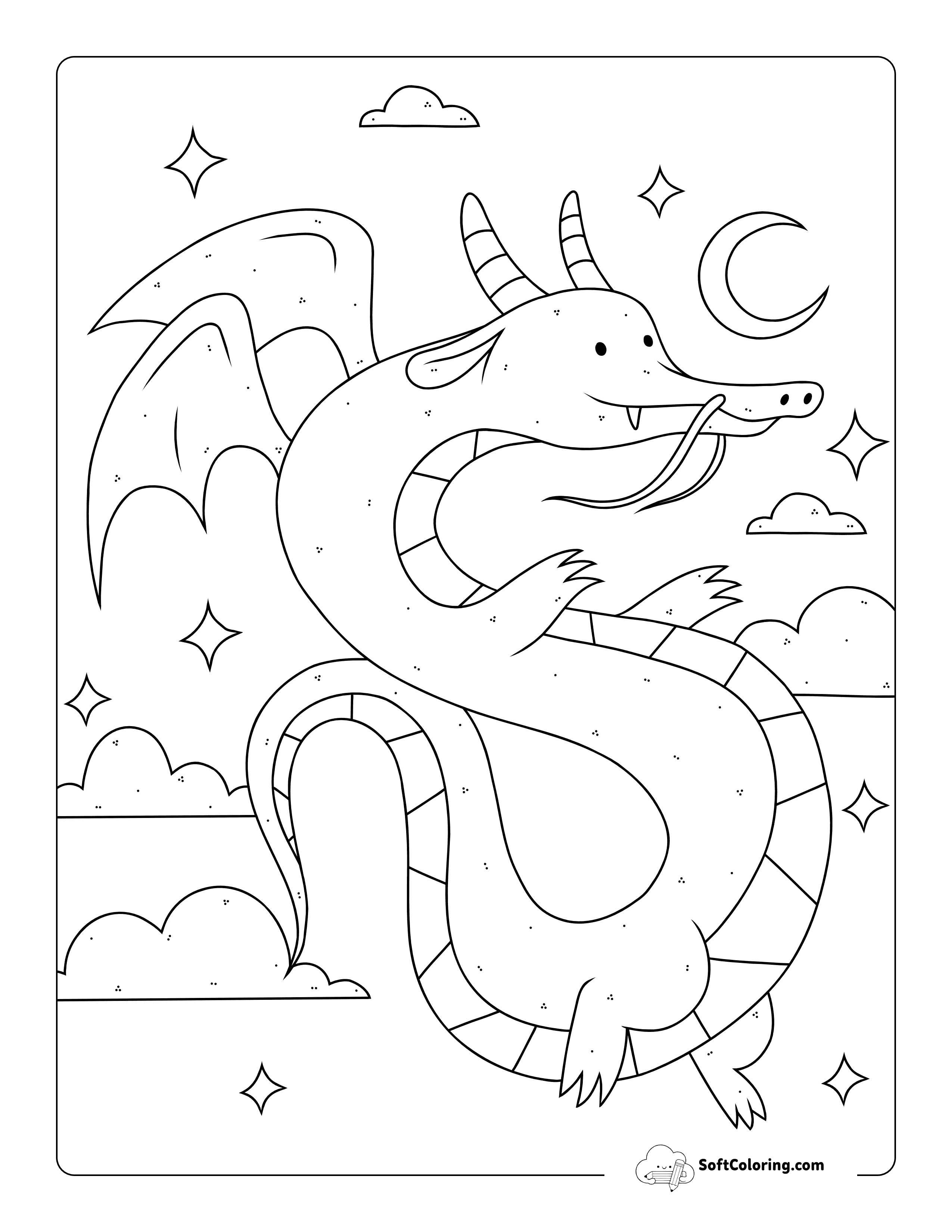 Playful Dragon In Night Sky Coloring Page For Kids