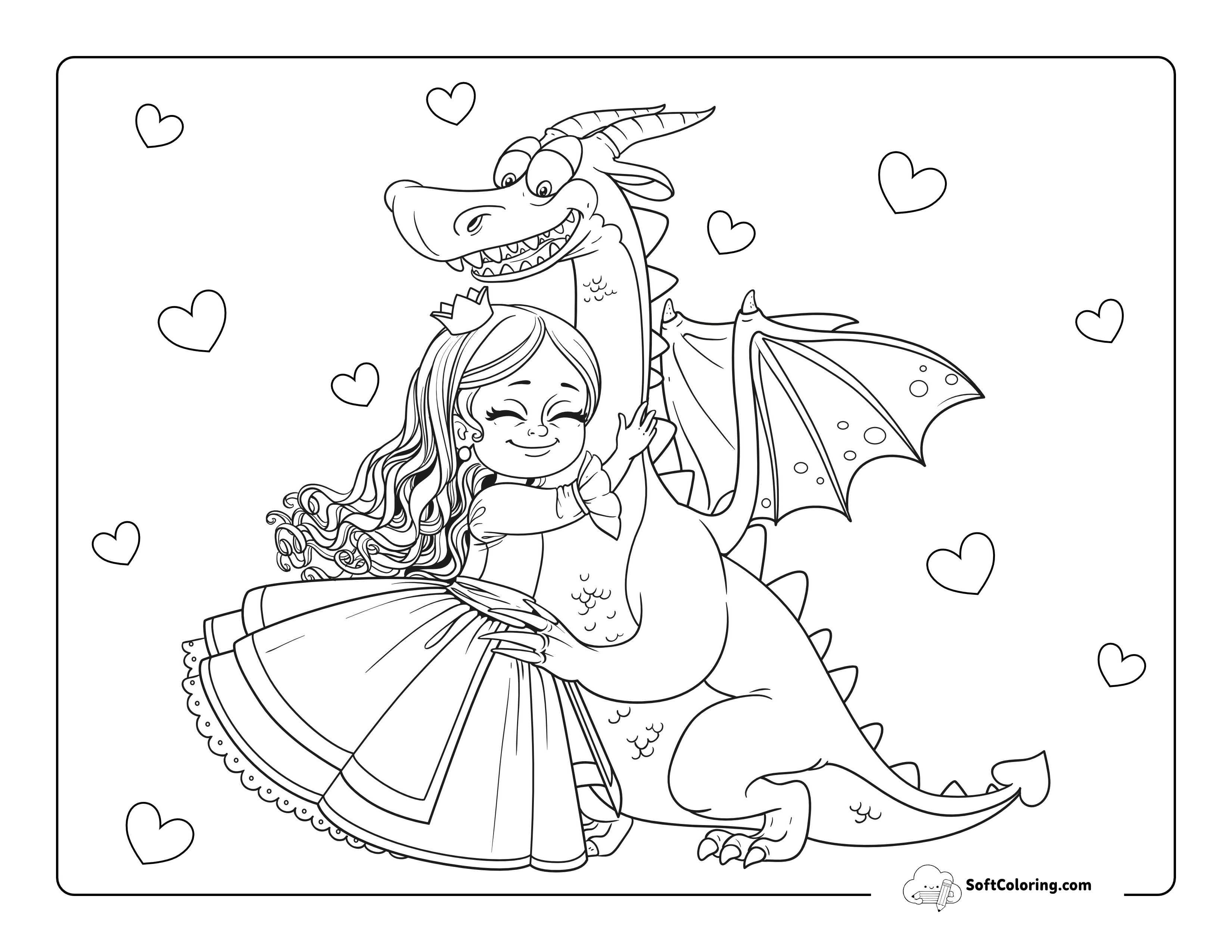 Princess Hugging Dragon Coloring Page