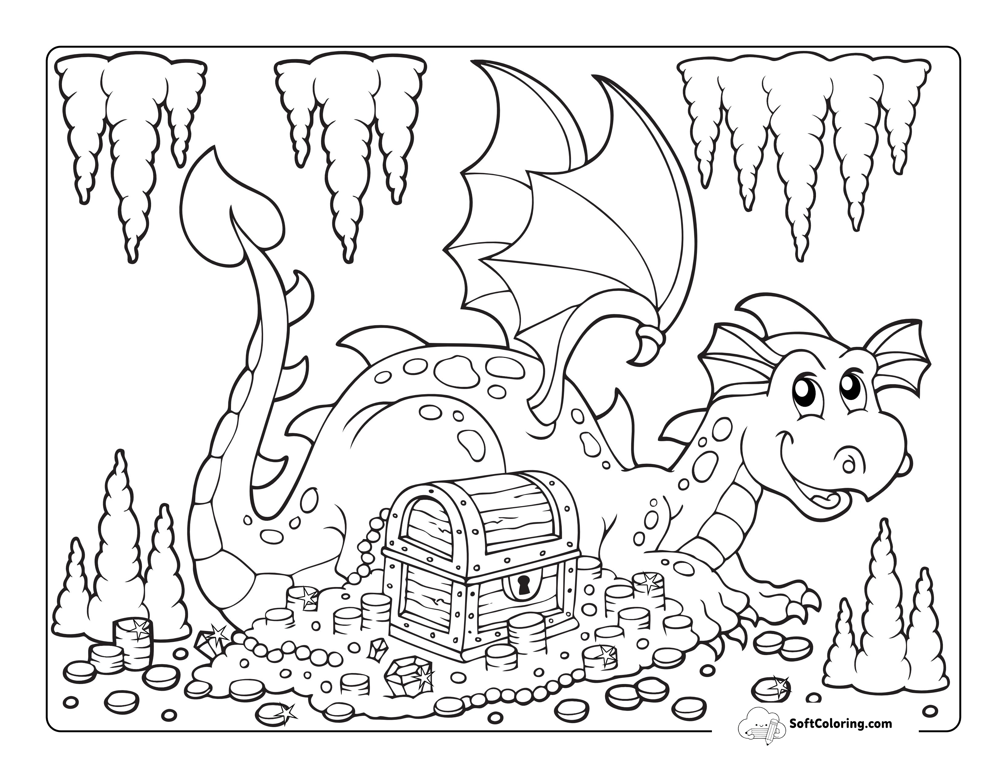 Dragon With Treasure Chest And Piles Of Gold