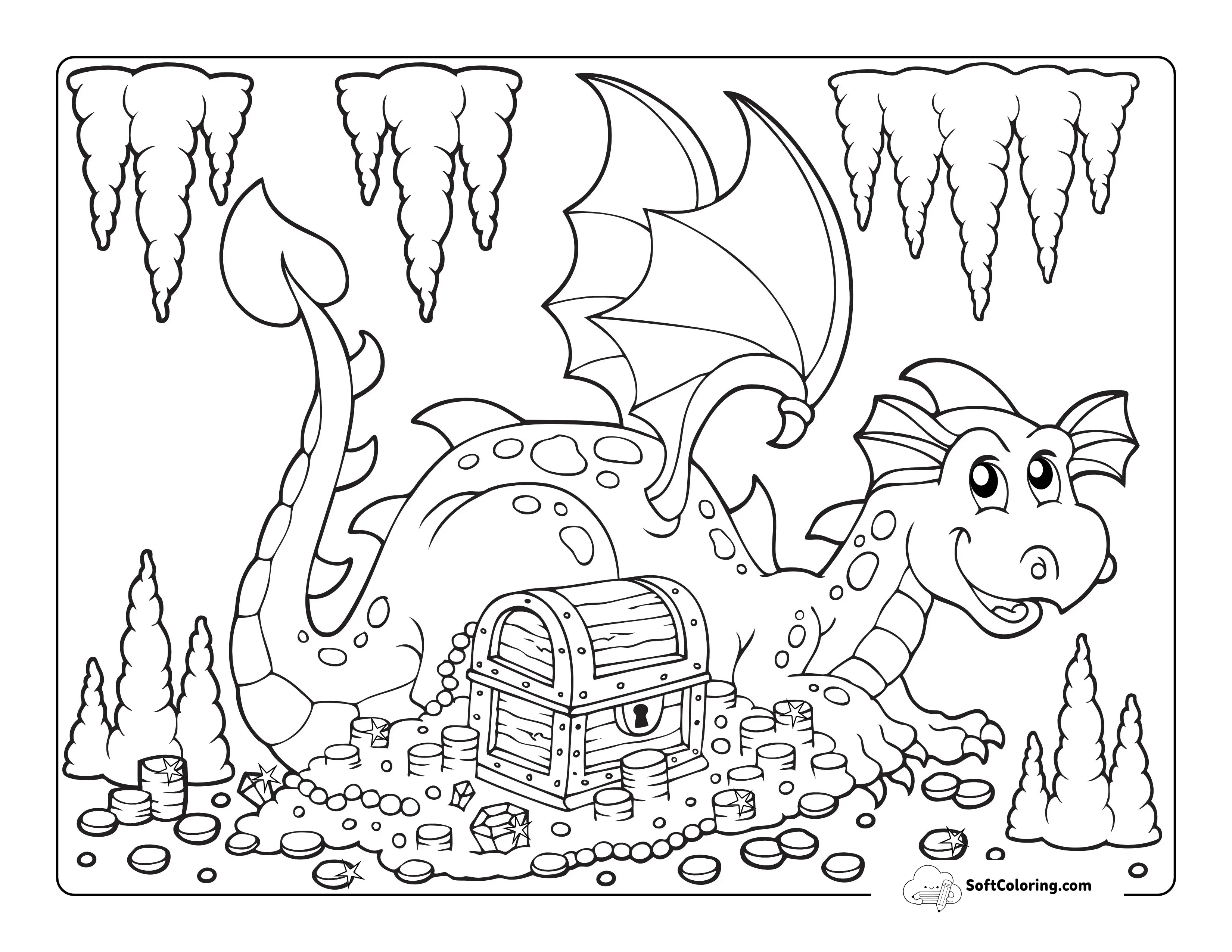 Dragon With Treasure Chest And Piles Of Gold