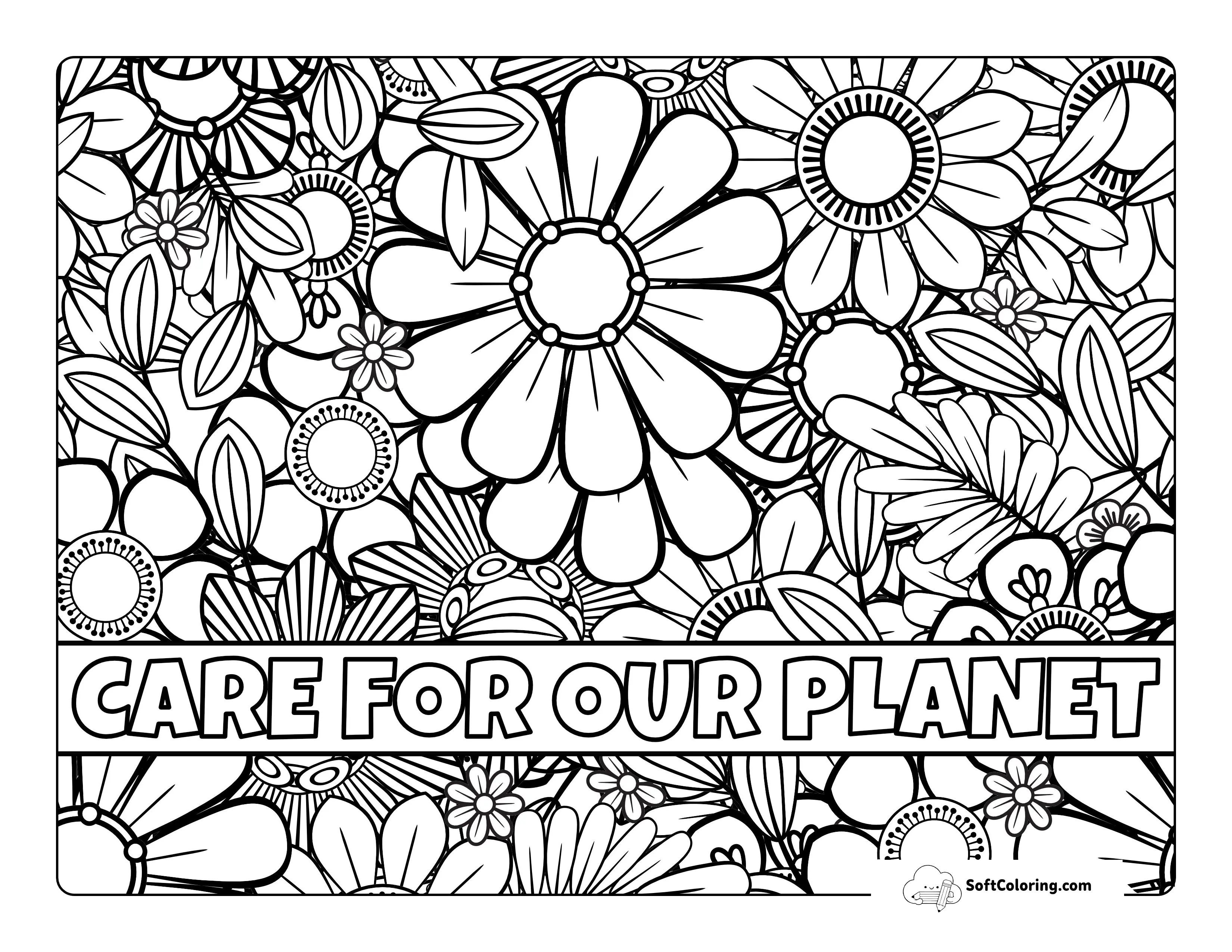 "Care For Our Planet" Floral Daisy Zentangle For Adults