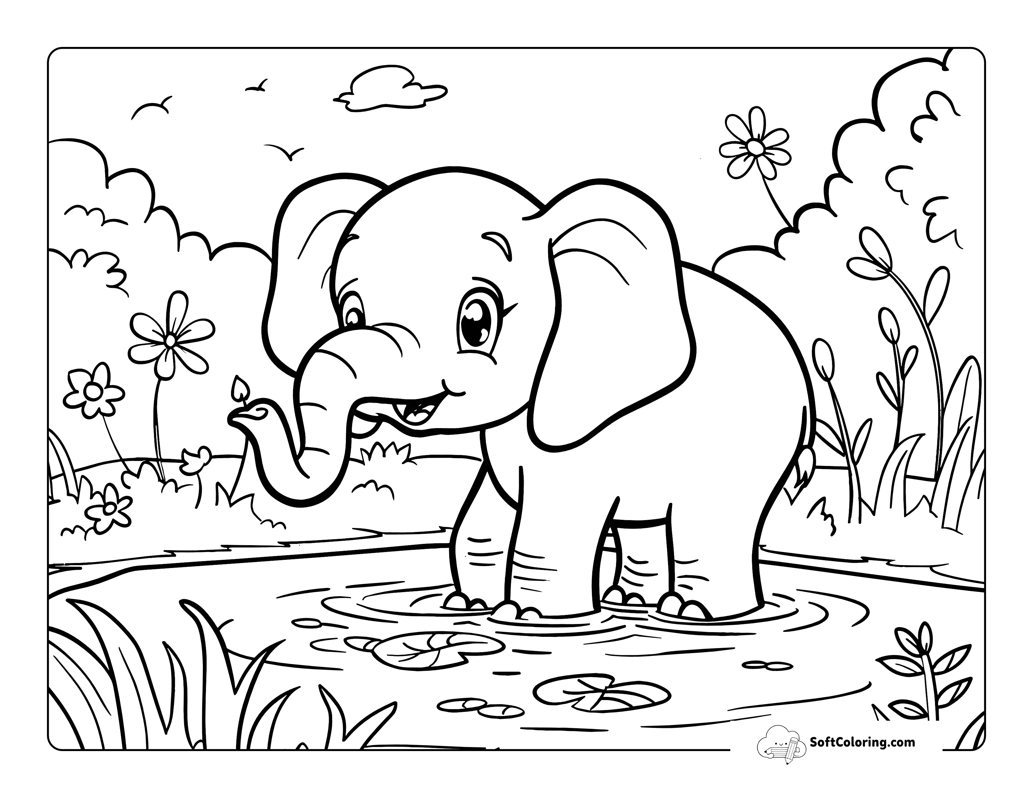 Cute Elephant In Watering Hole Coloring Page