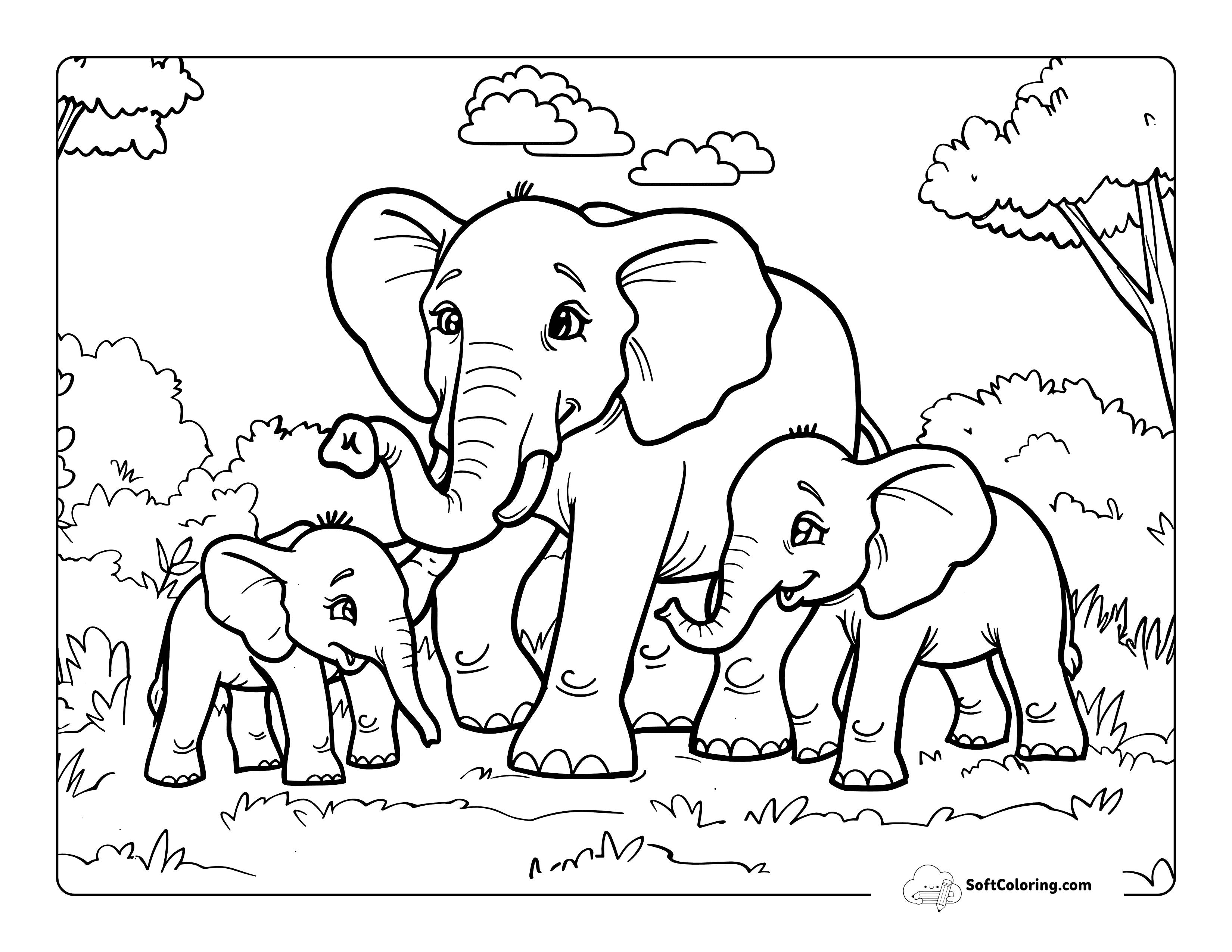 Easy Elephant Family Coloring Page Printable