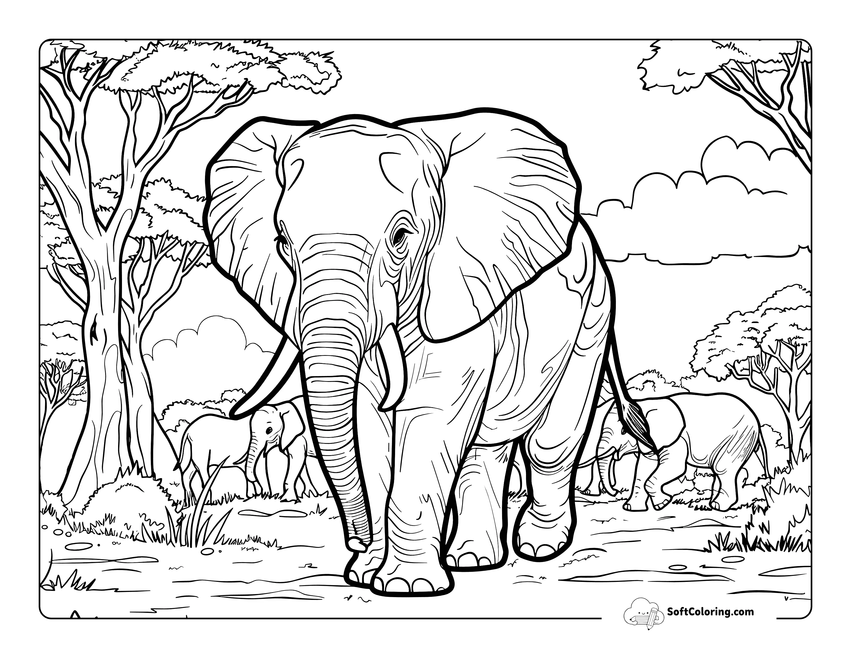 Detailed Realistic Elephant Coloring Page For Adults