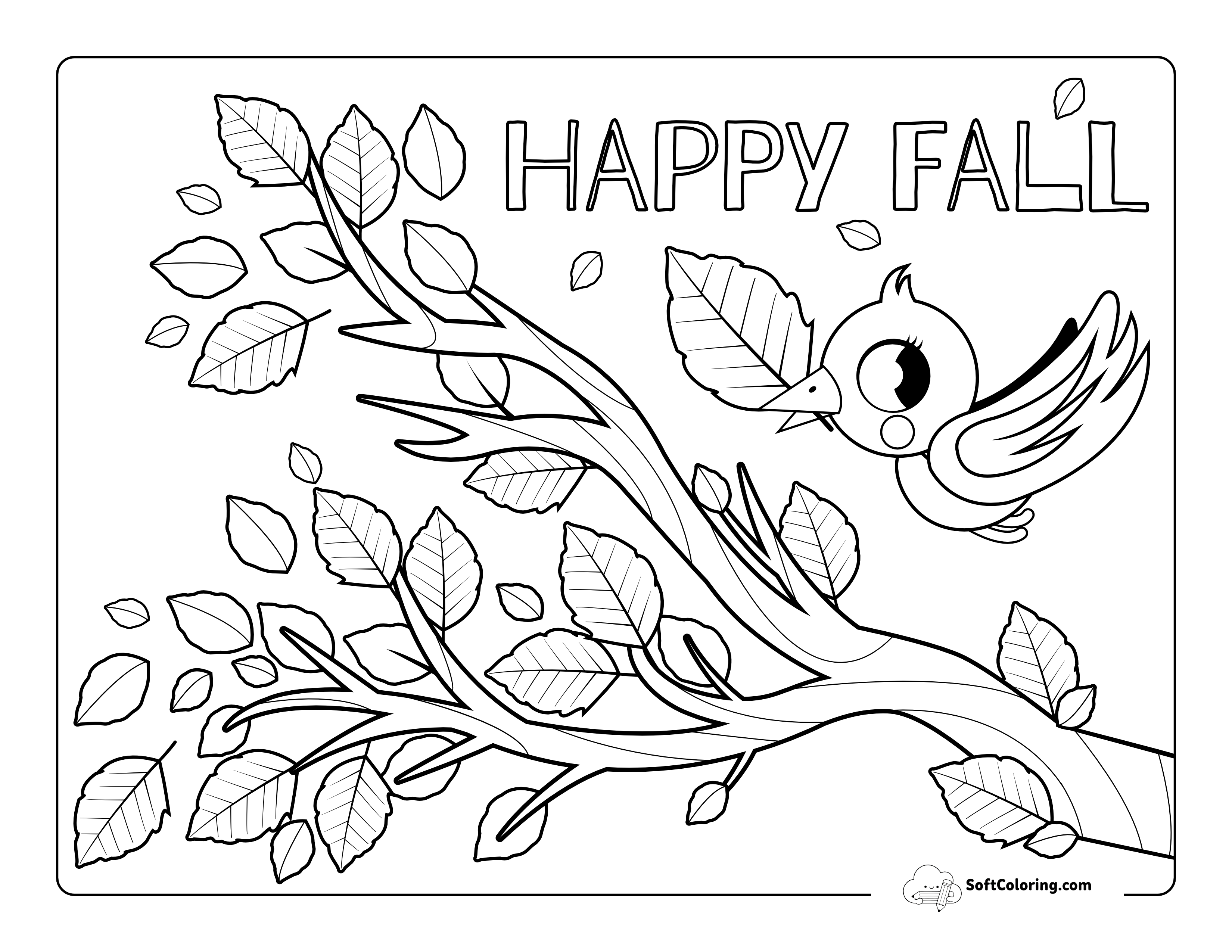 Cute Bird With Leaf Coloring Page