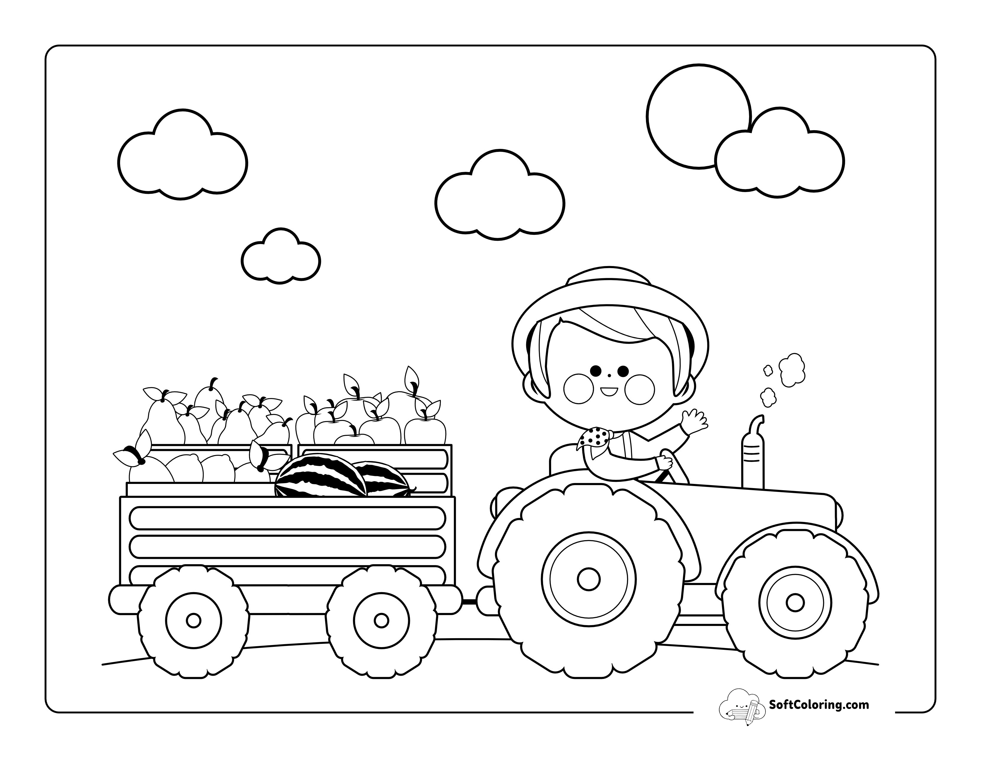 Cute Boy Farmer Driving Tractor Coloring Page