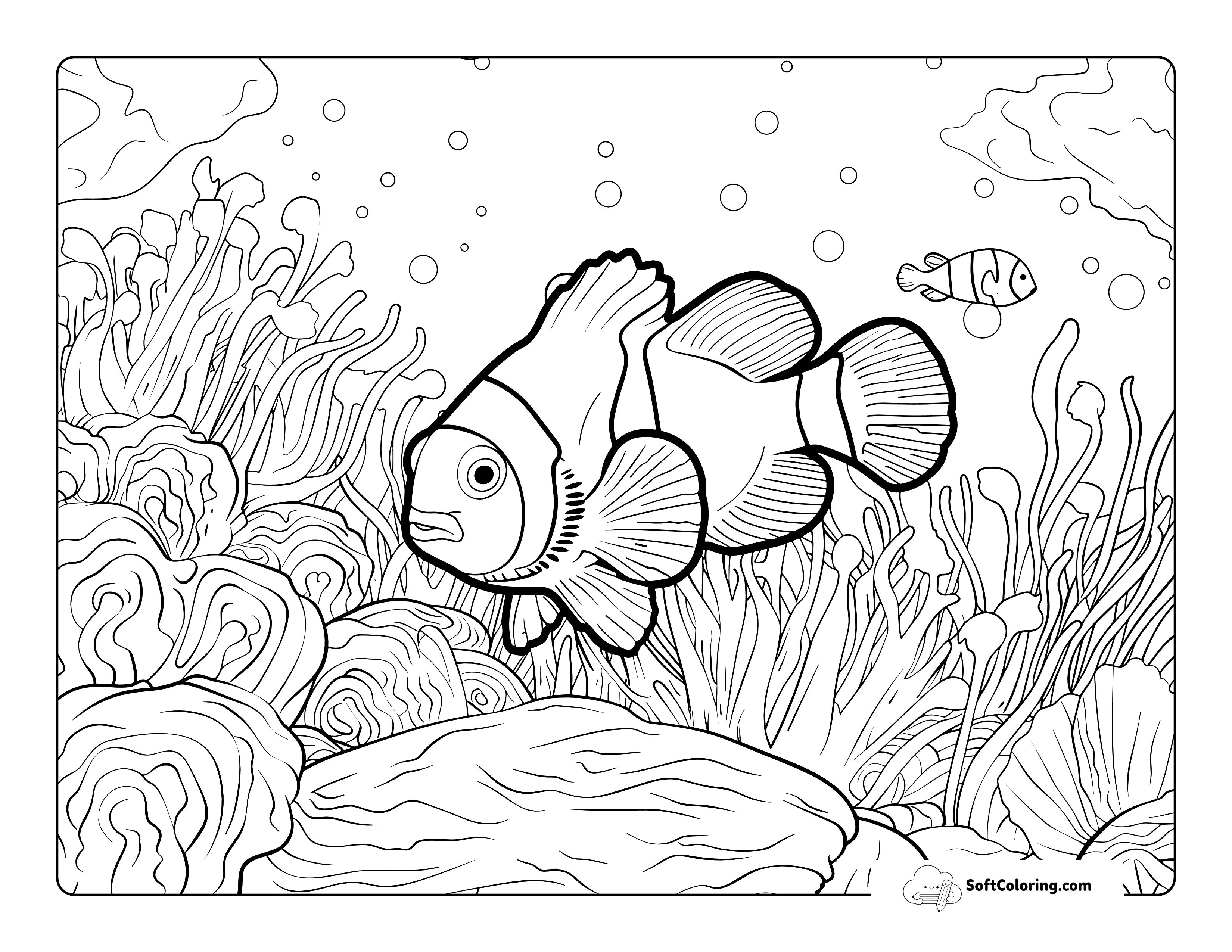 Realistic Clownfish And Coral Reef Coloring Page