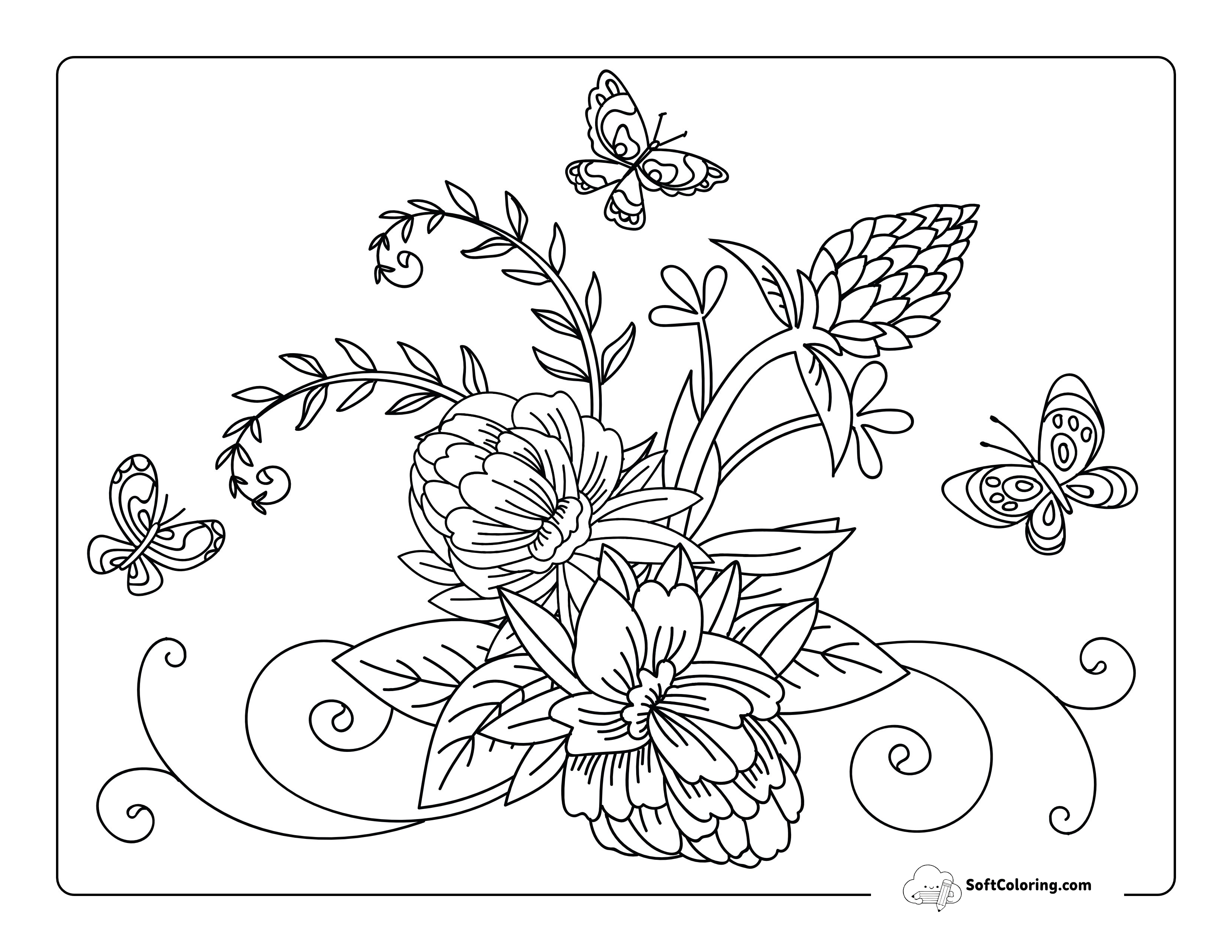 Butterflies And Flowers Coloring Page