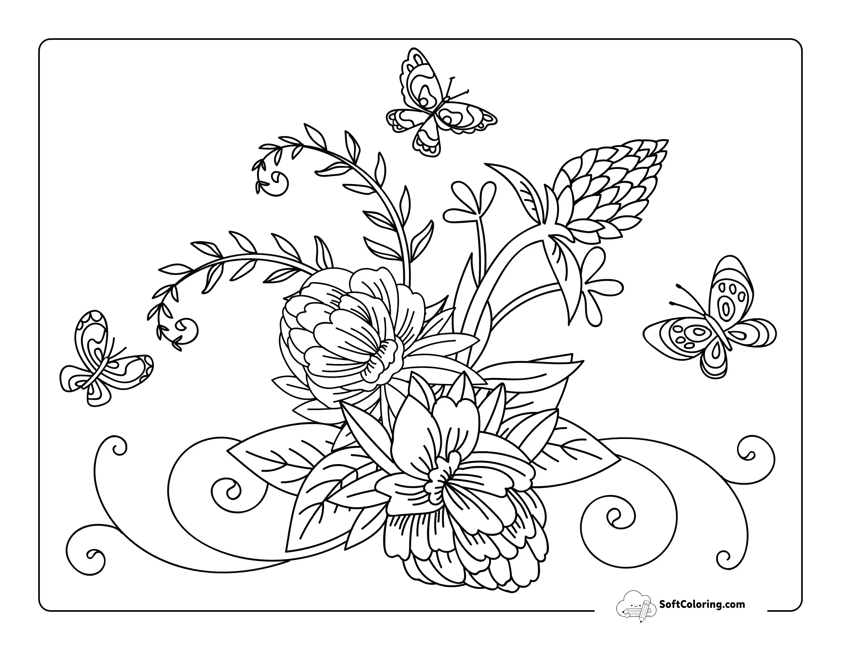 Butterflies And Flowers Coloring Page