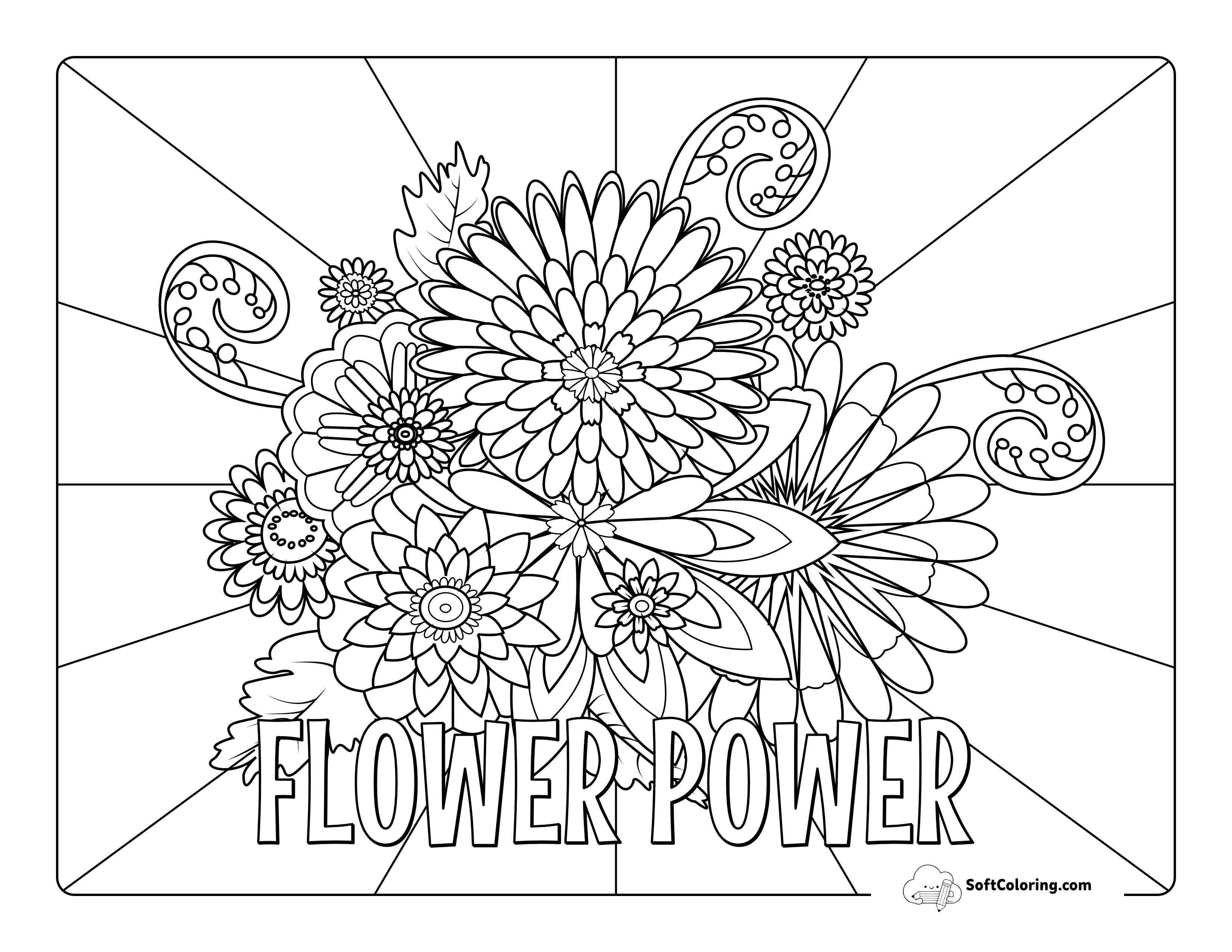 Beautiful Flower Power Bouquet Outline Drawing For Adults