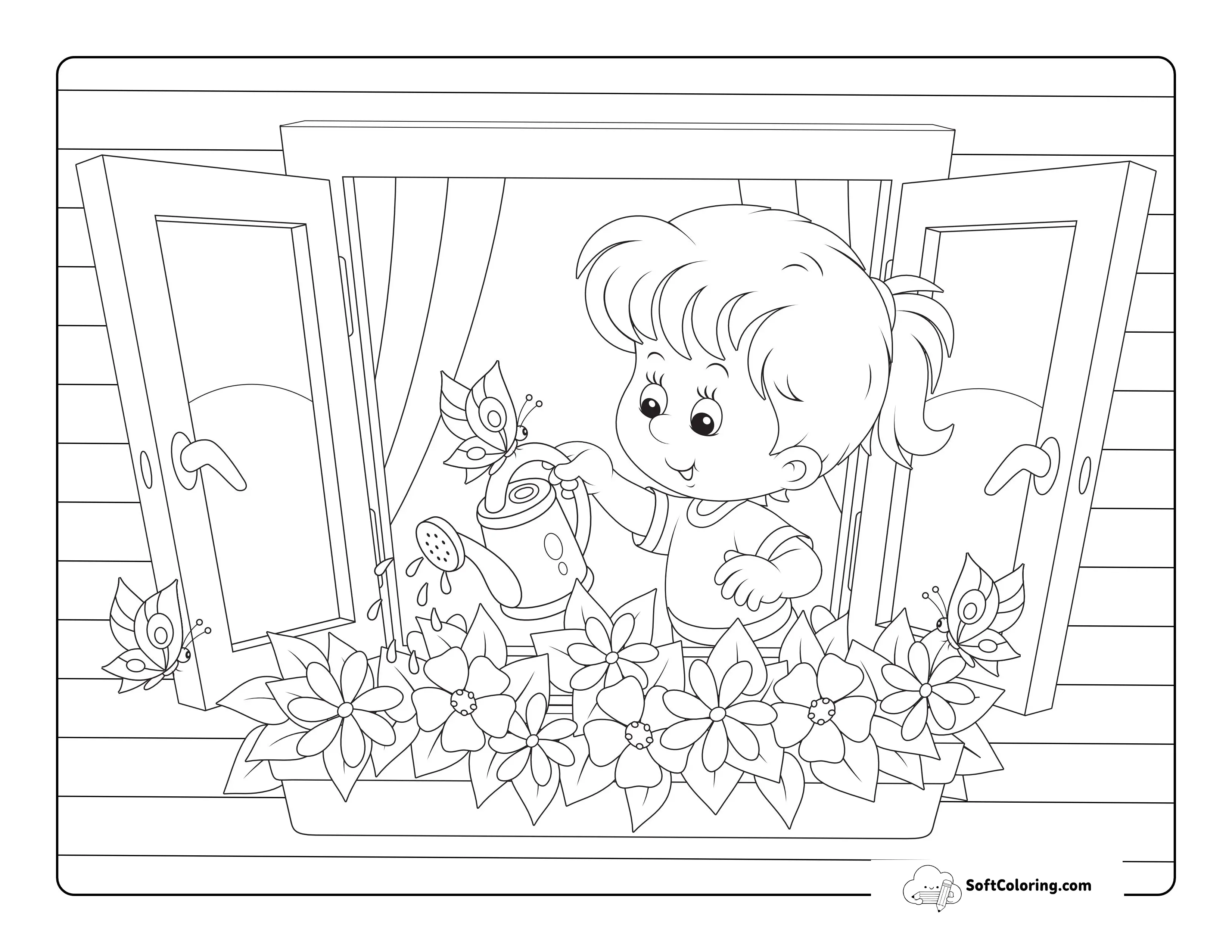 Cute Girl Watering Flowers Coloring Page