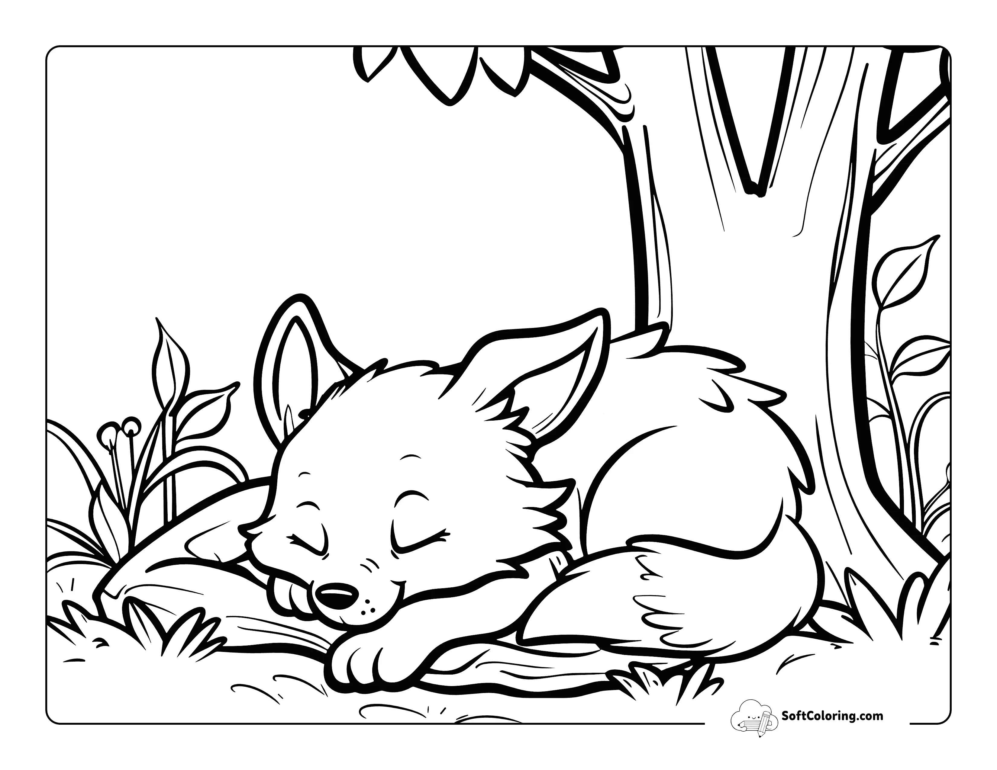 Cute Sleeping Fox Cozy Coloring Sheet
