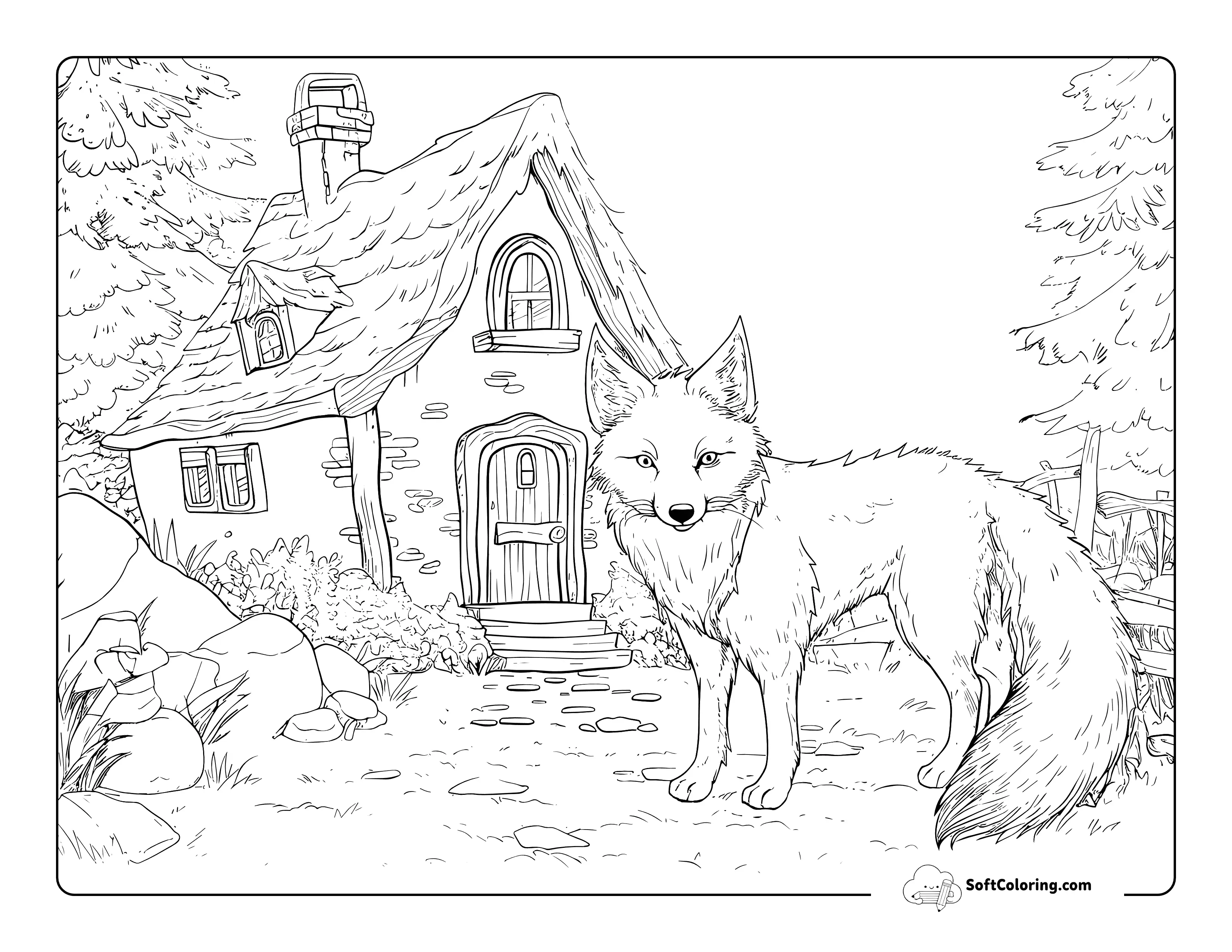 Fox Cottage Aesthetic Coloring Page