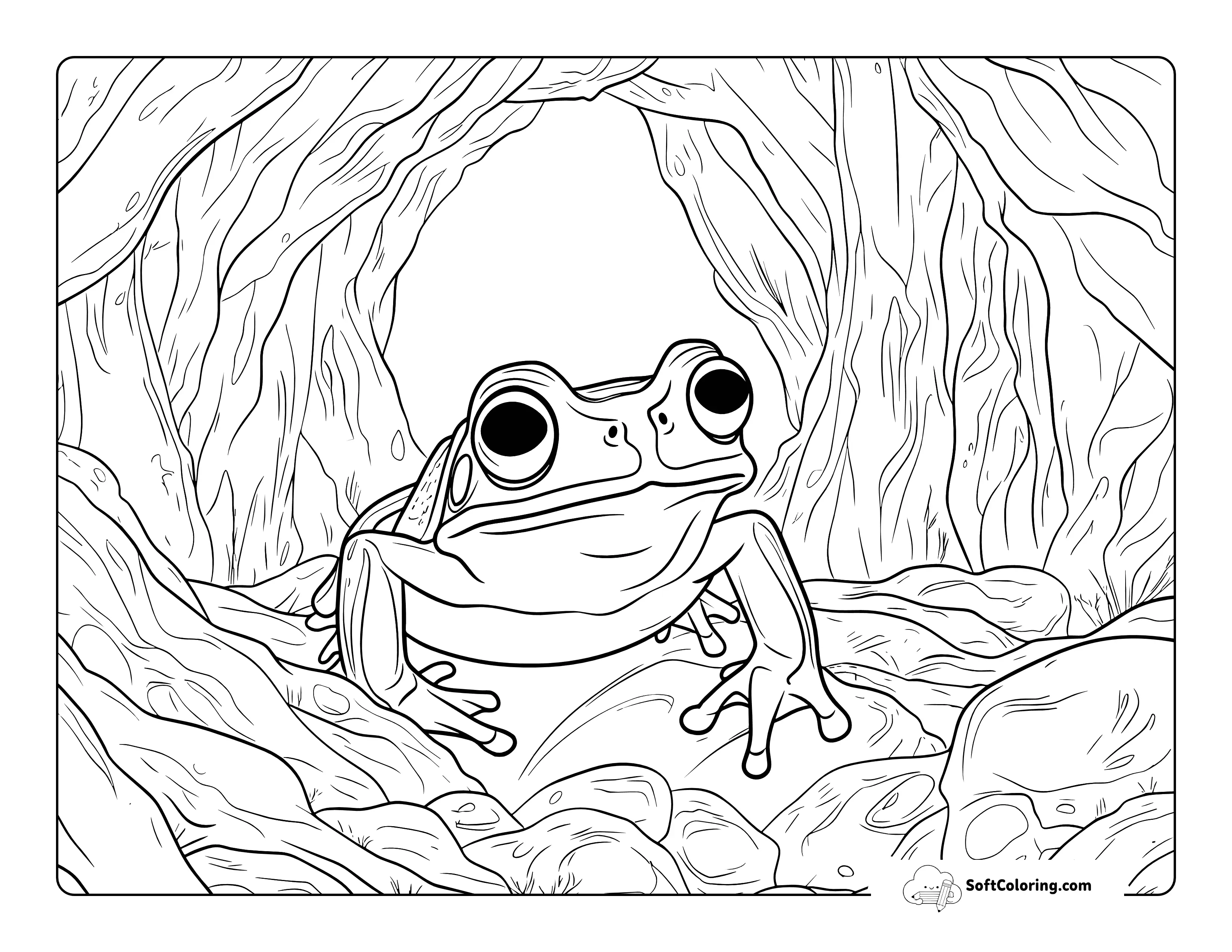 Detailed Realistic Frog In A Cave Coloring Sheet