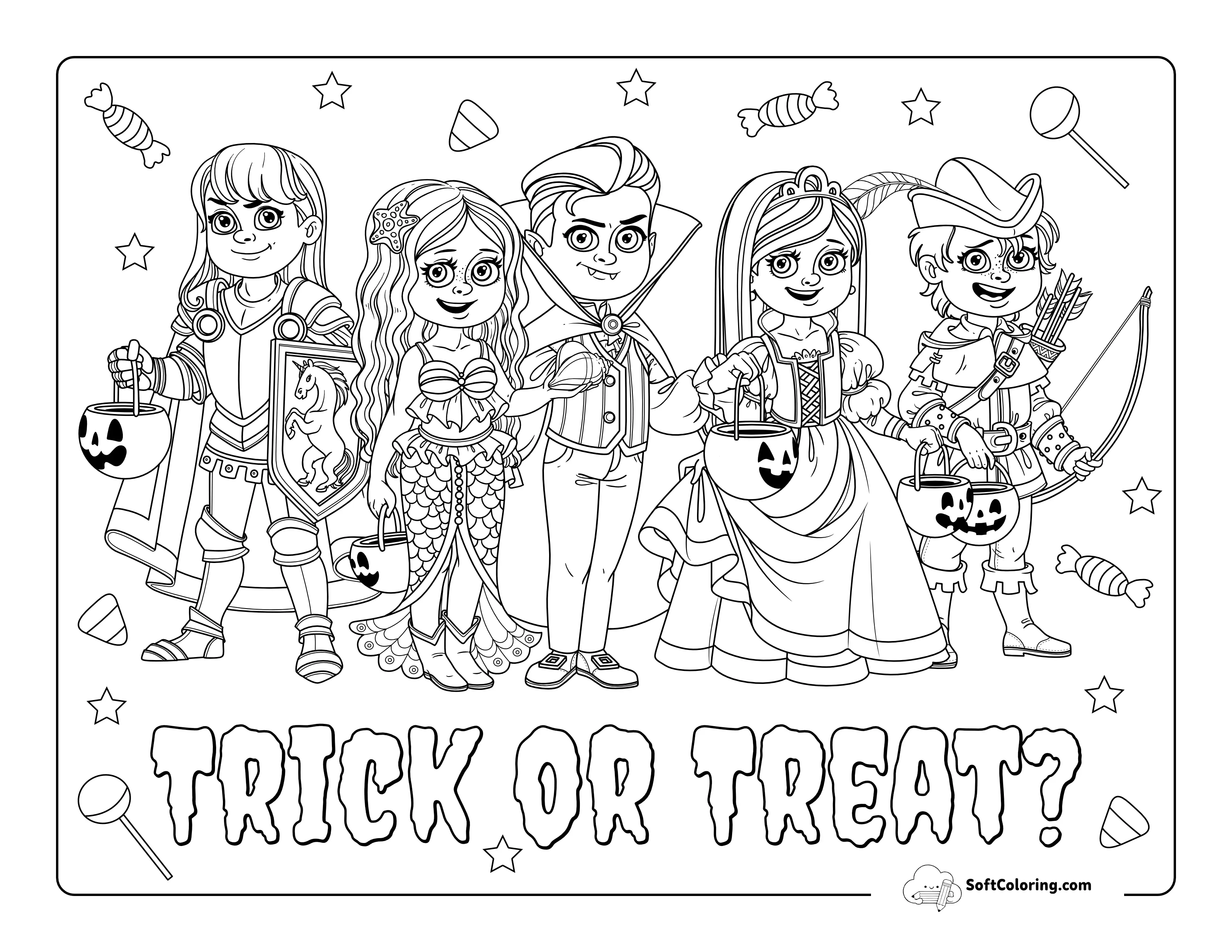 Cute Halloween Monsters Coloring Page For Kids