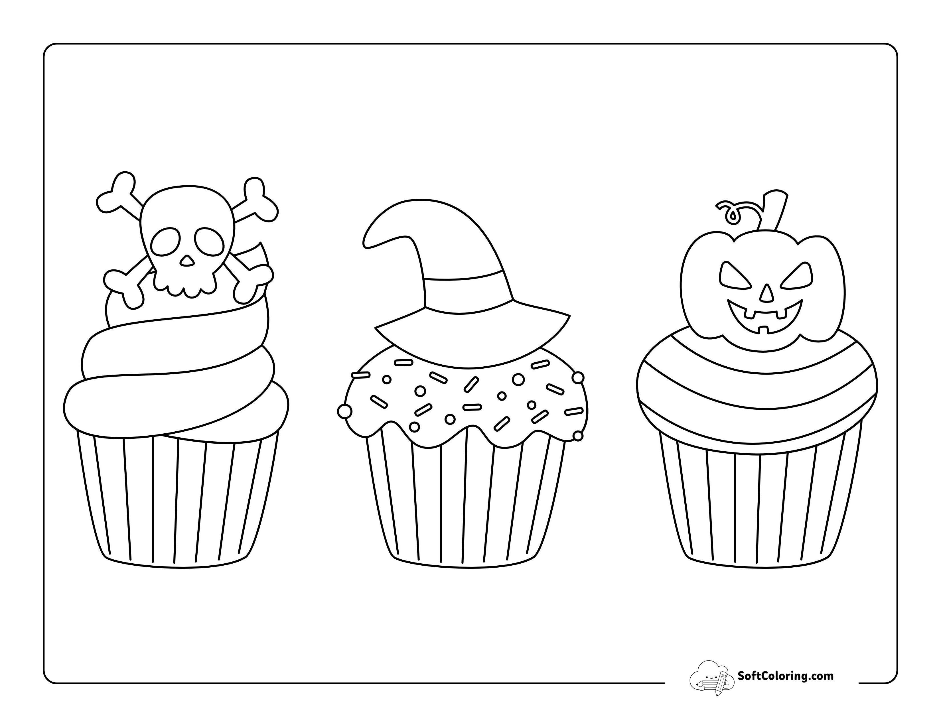 Three Cute Halloween Cupcakes Coloring Sheet