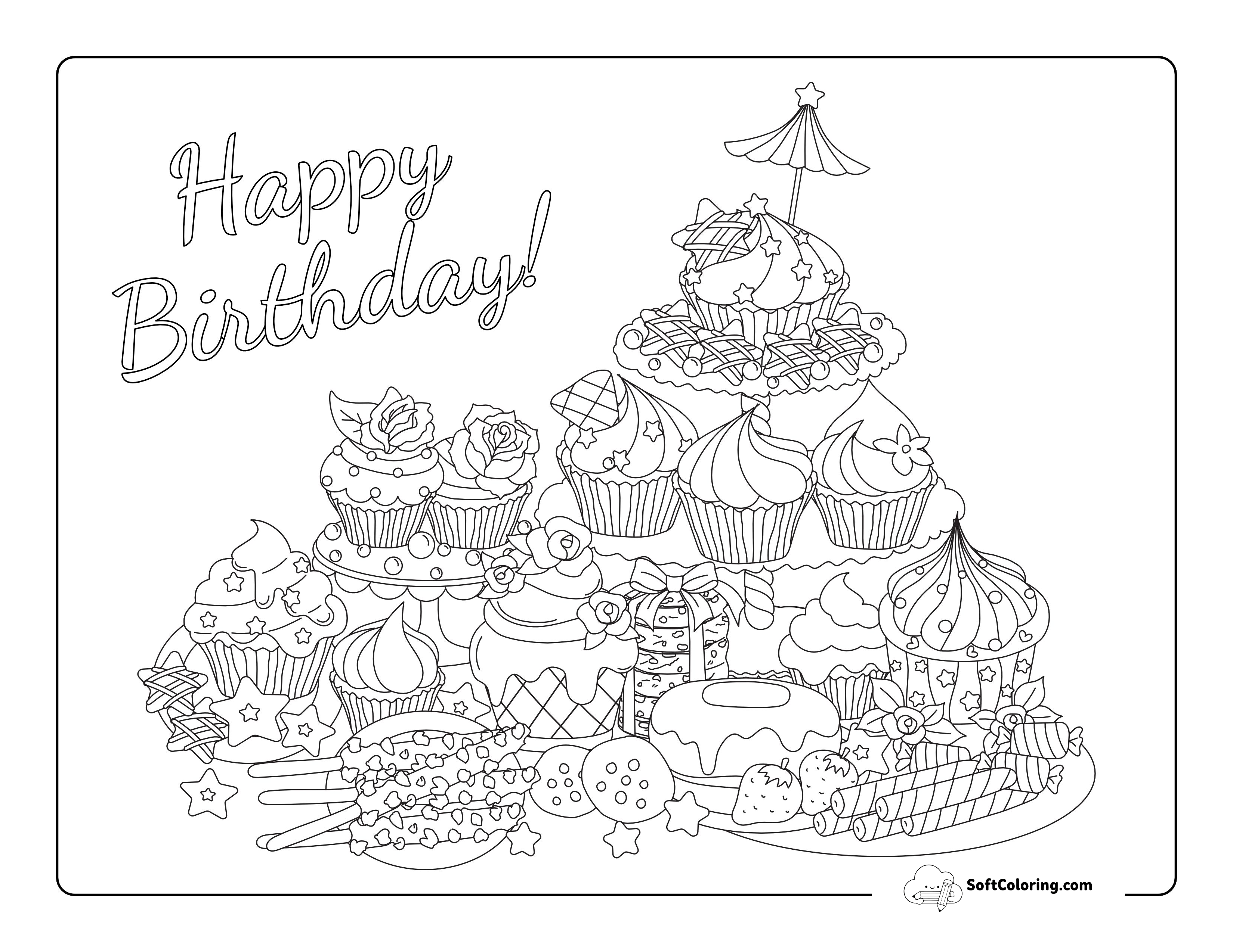 "Happy Birthday" Cake Coloring Page For Adults