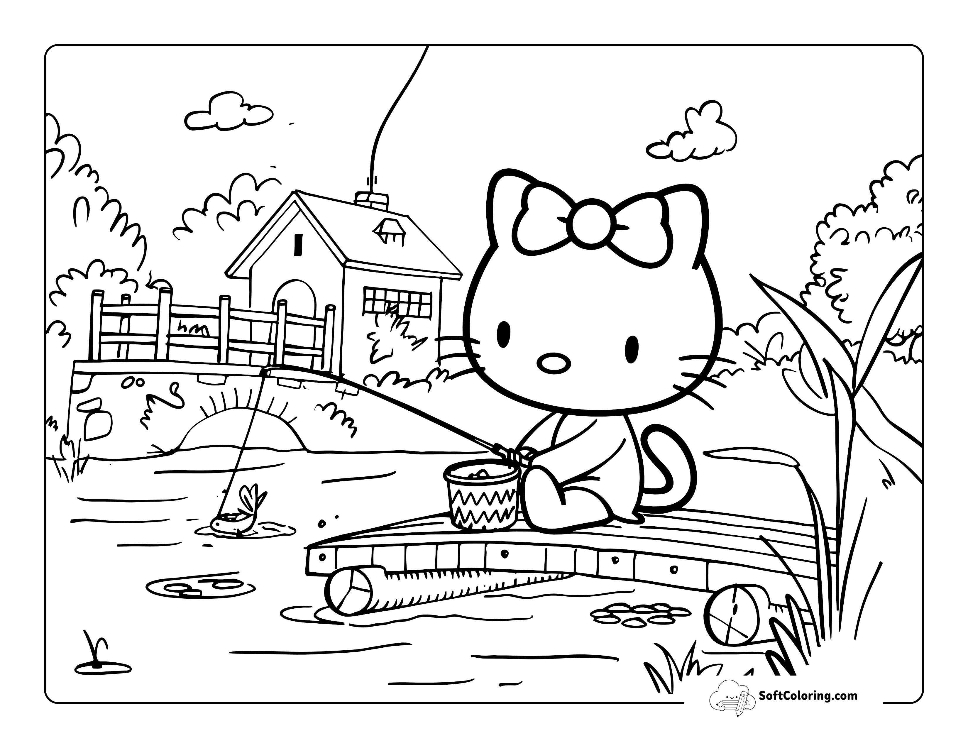 Hello Kitty-Inspired Fishing Coloring Page