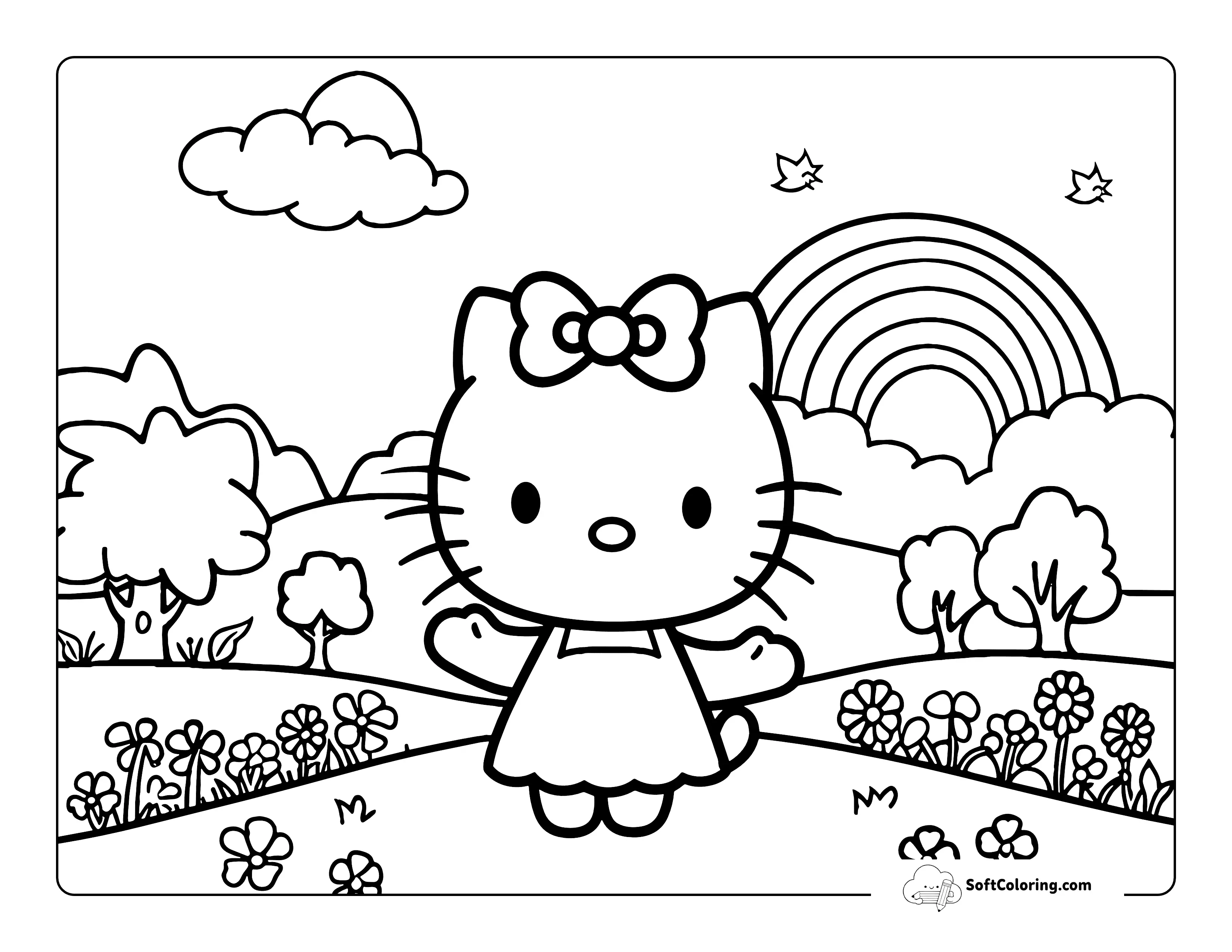 Rainbow Meadow Cute Hello Kitty-Inspired Coloring Page