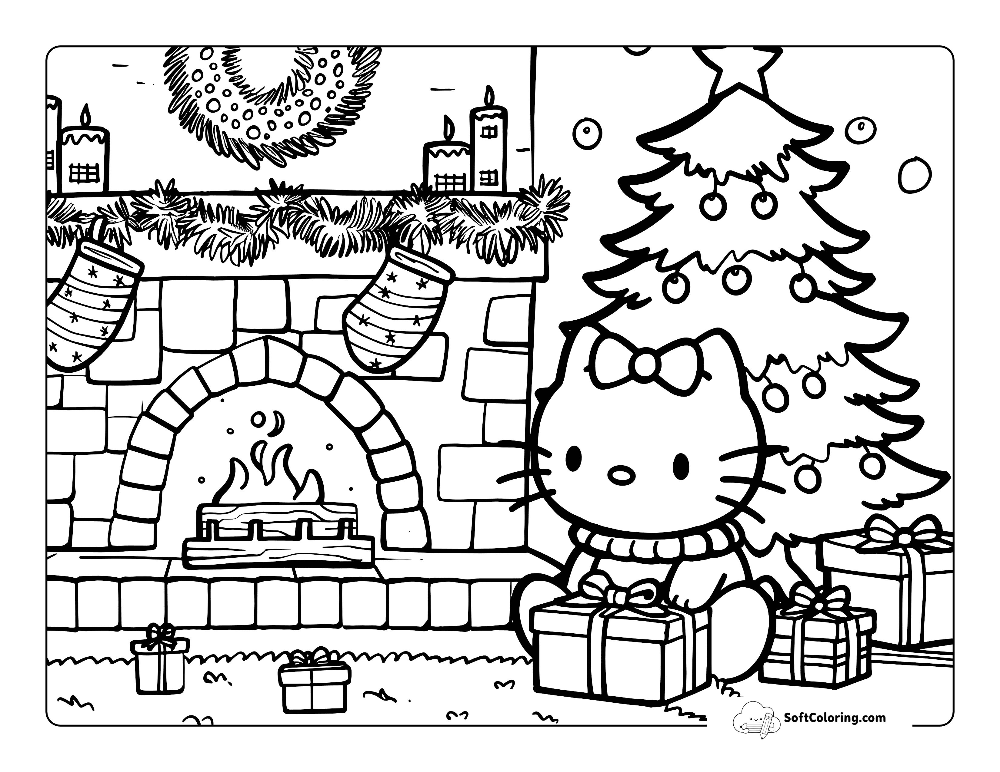 Opening Christmas Present Hello Kitty-Inspired Picture To Color
