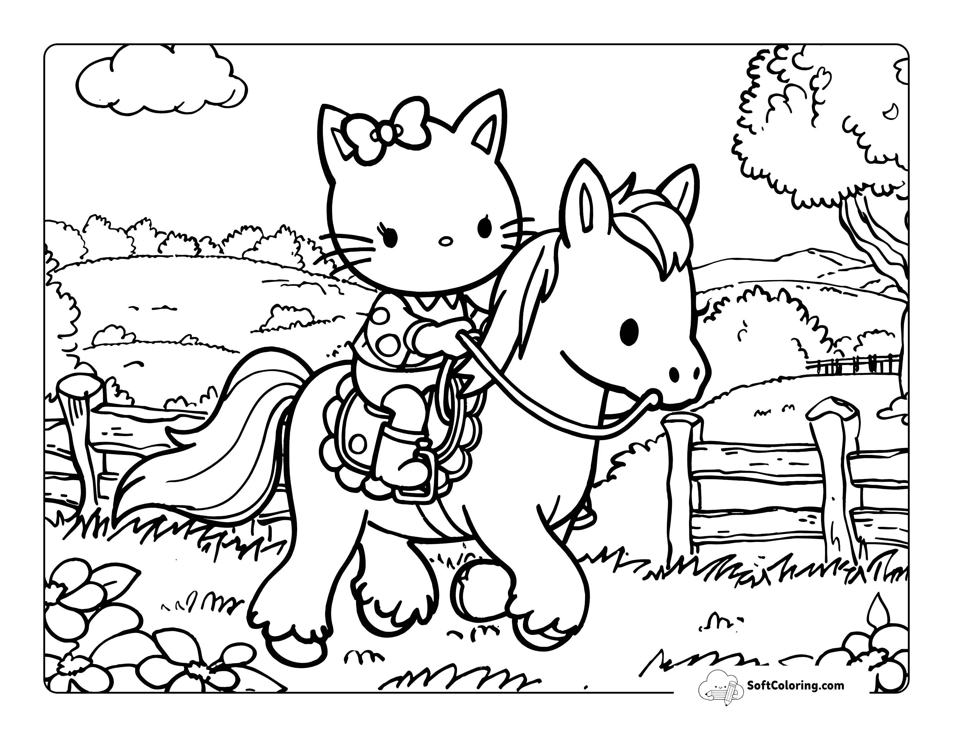 Riding A Horse Cute Hello Kitty-Inspired Coloring Sheet
