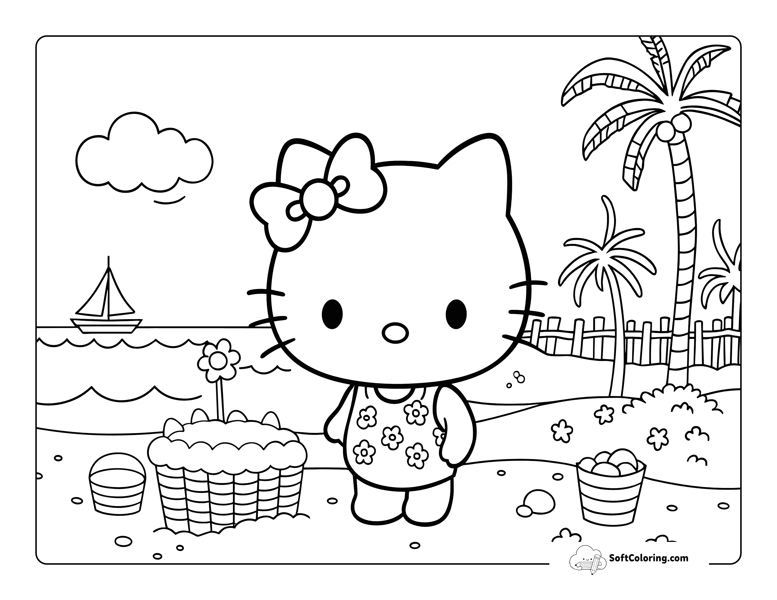 Cute Easy Kitty At The Beach Picture To Color