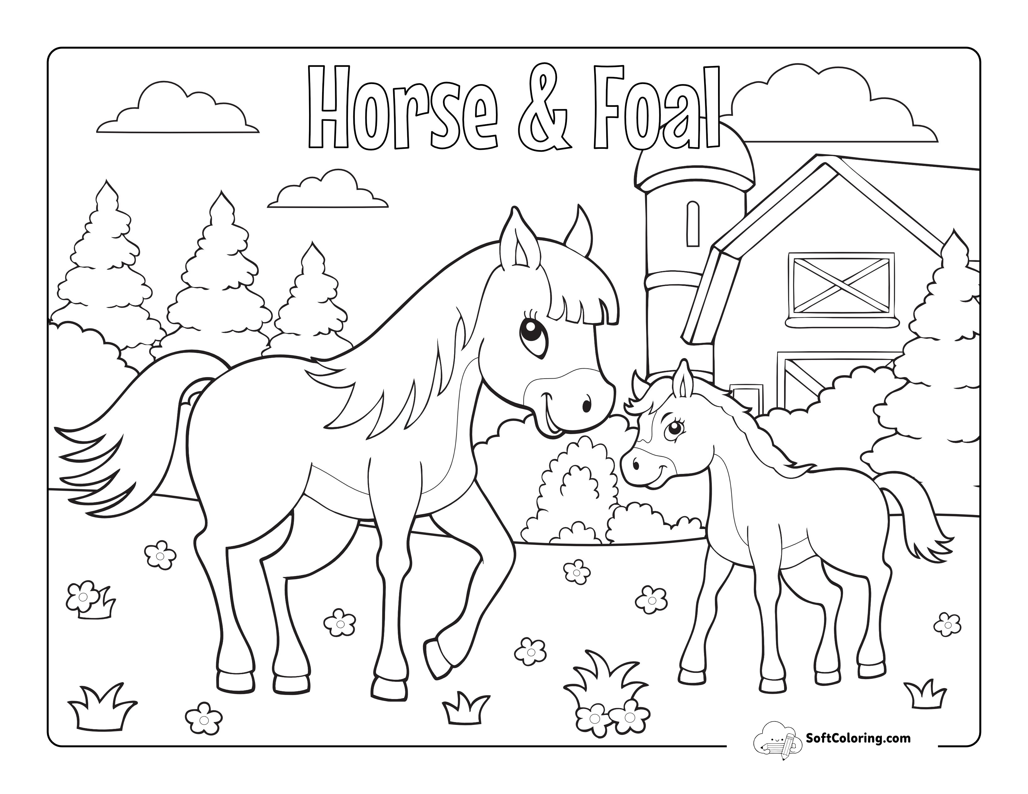 Cute Horse Coloring Page With Baby Foal