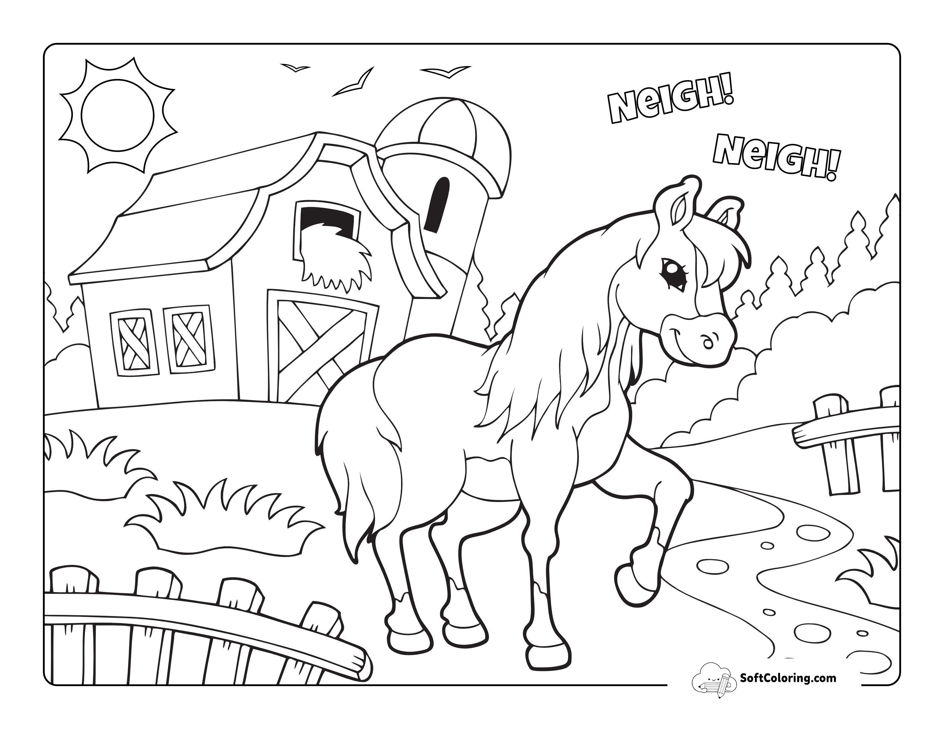 Farm Horse Coloring Page For Kids