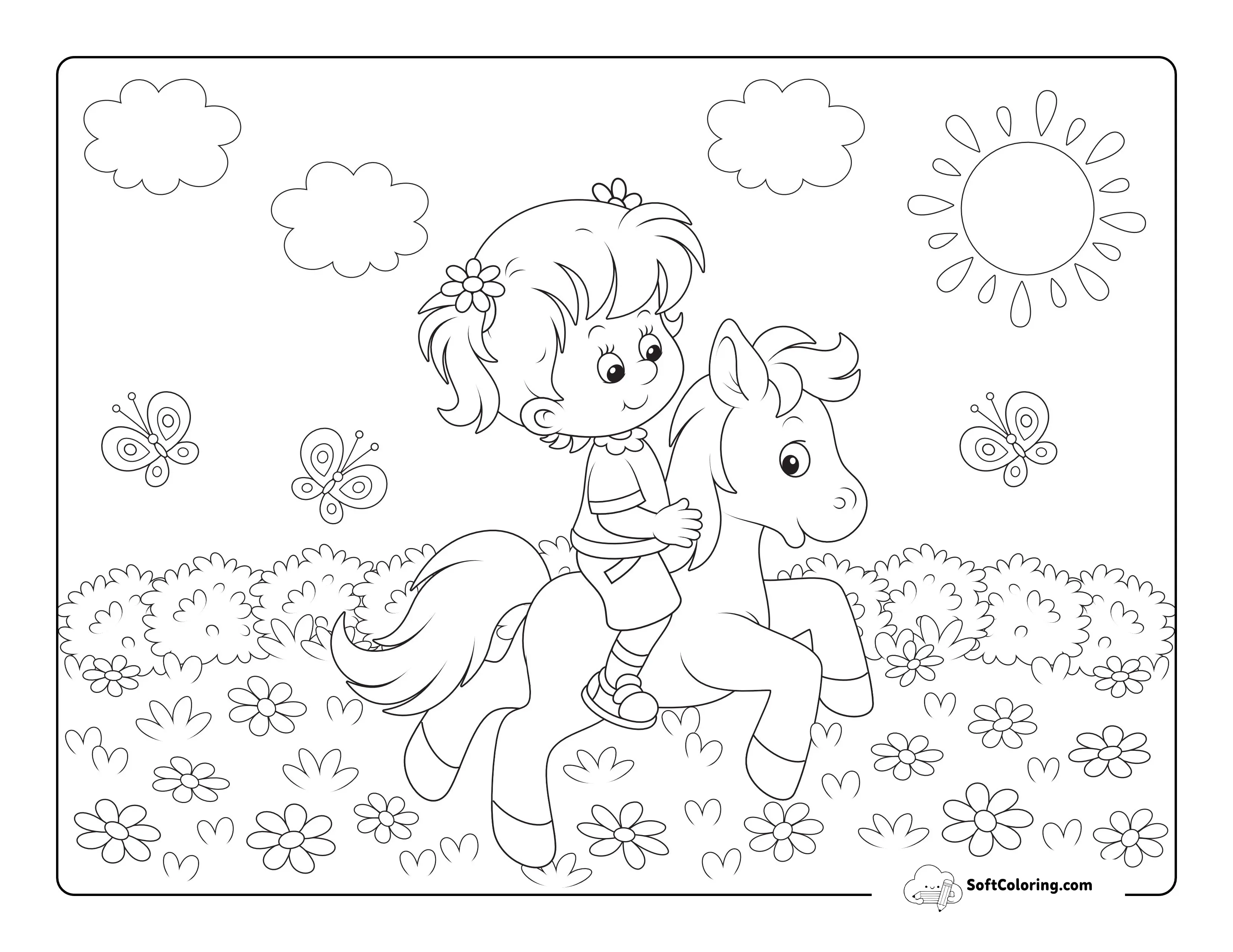 Cute Girl Riding Pony Picture To Color