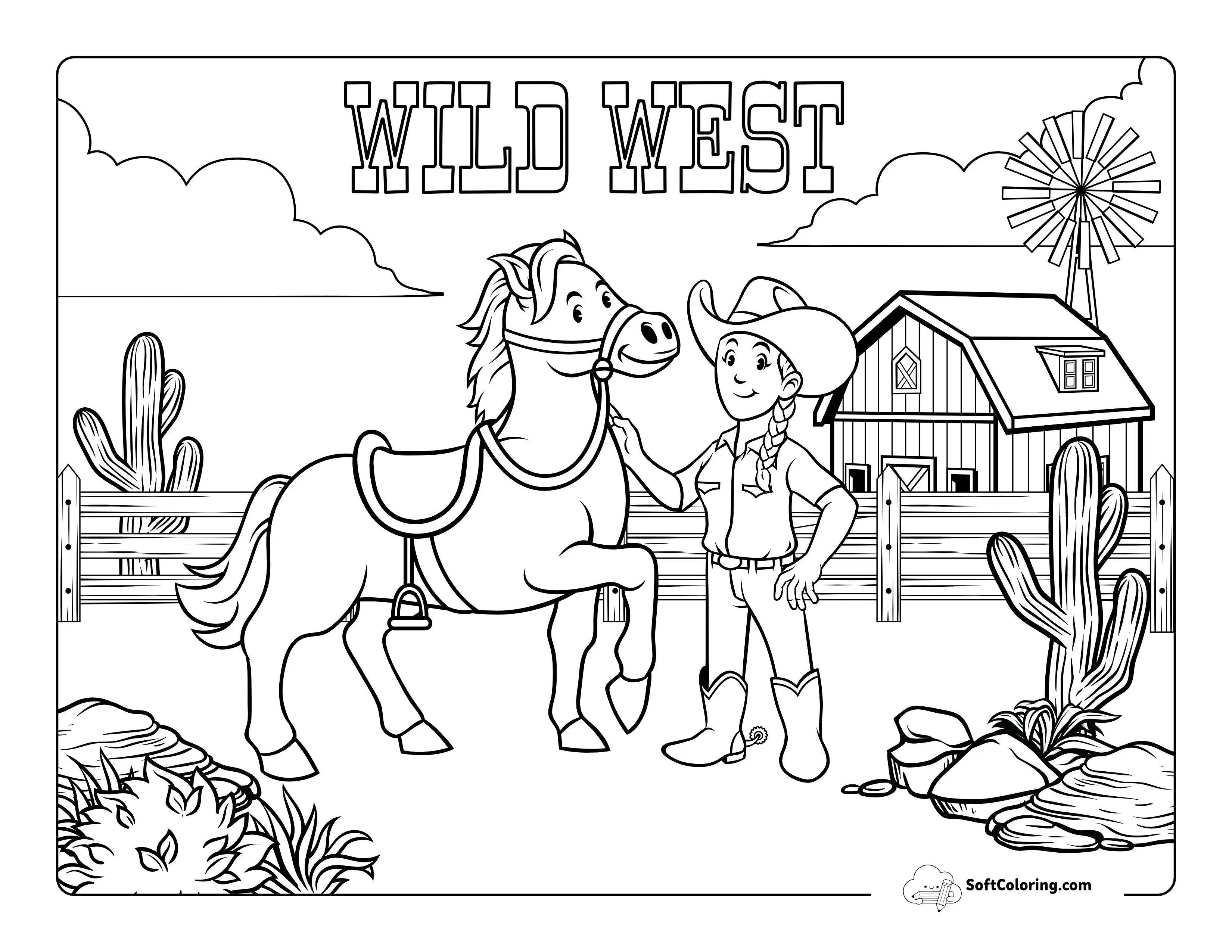 Cowgirl With Horse Free Printable Coloring Page