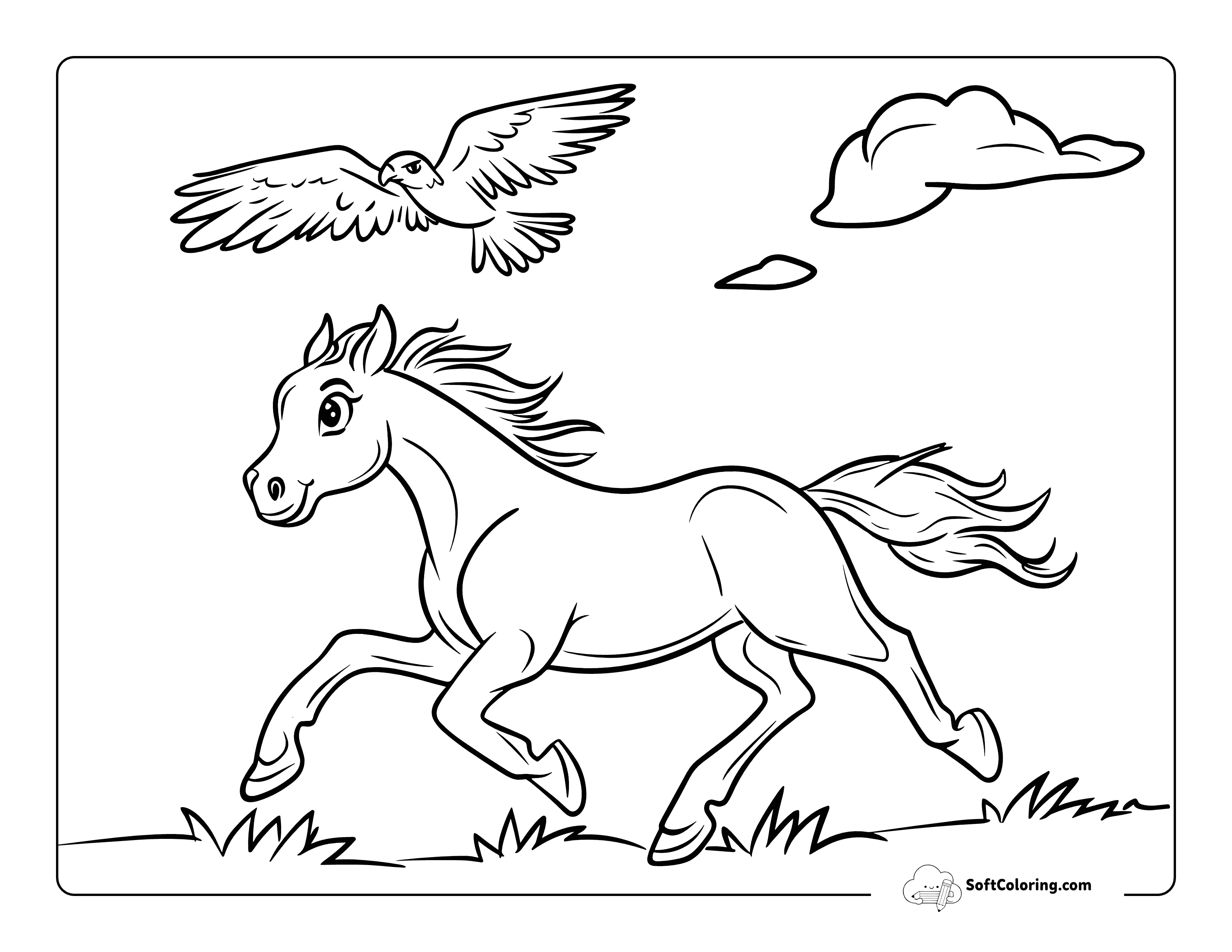 Cute Wild Horse And Golden Eagle Coloring Page