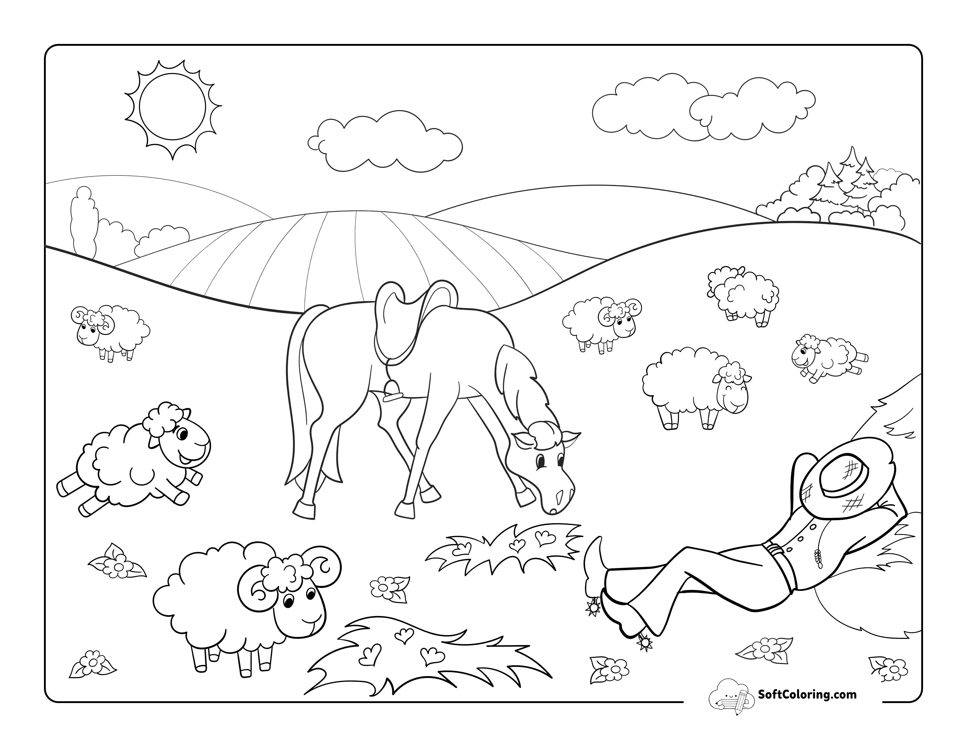 Farm Scene With Grazing Horse To Color