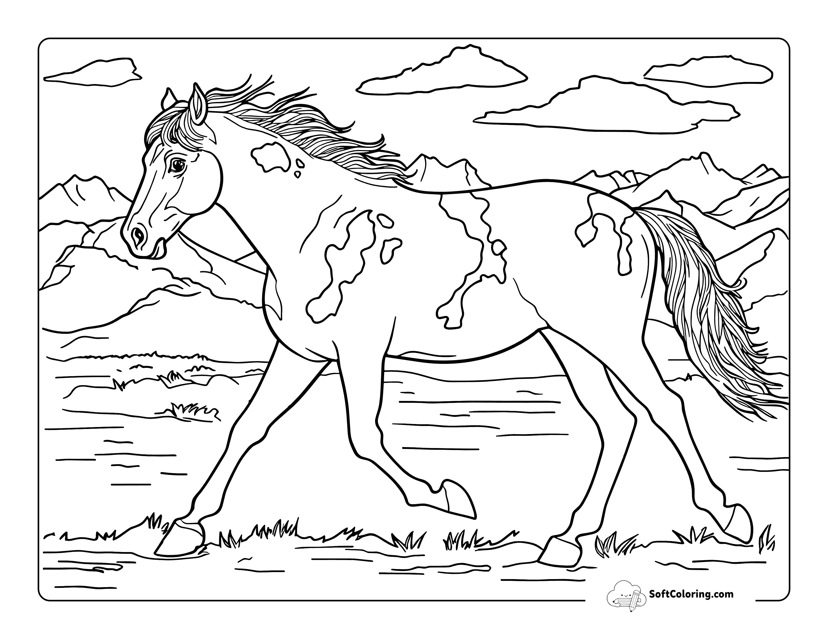 Realistic Wild Paint Horse Coloring Page