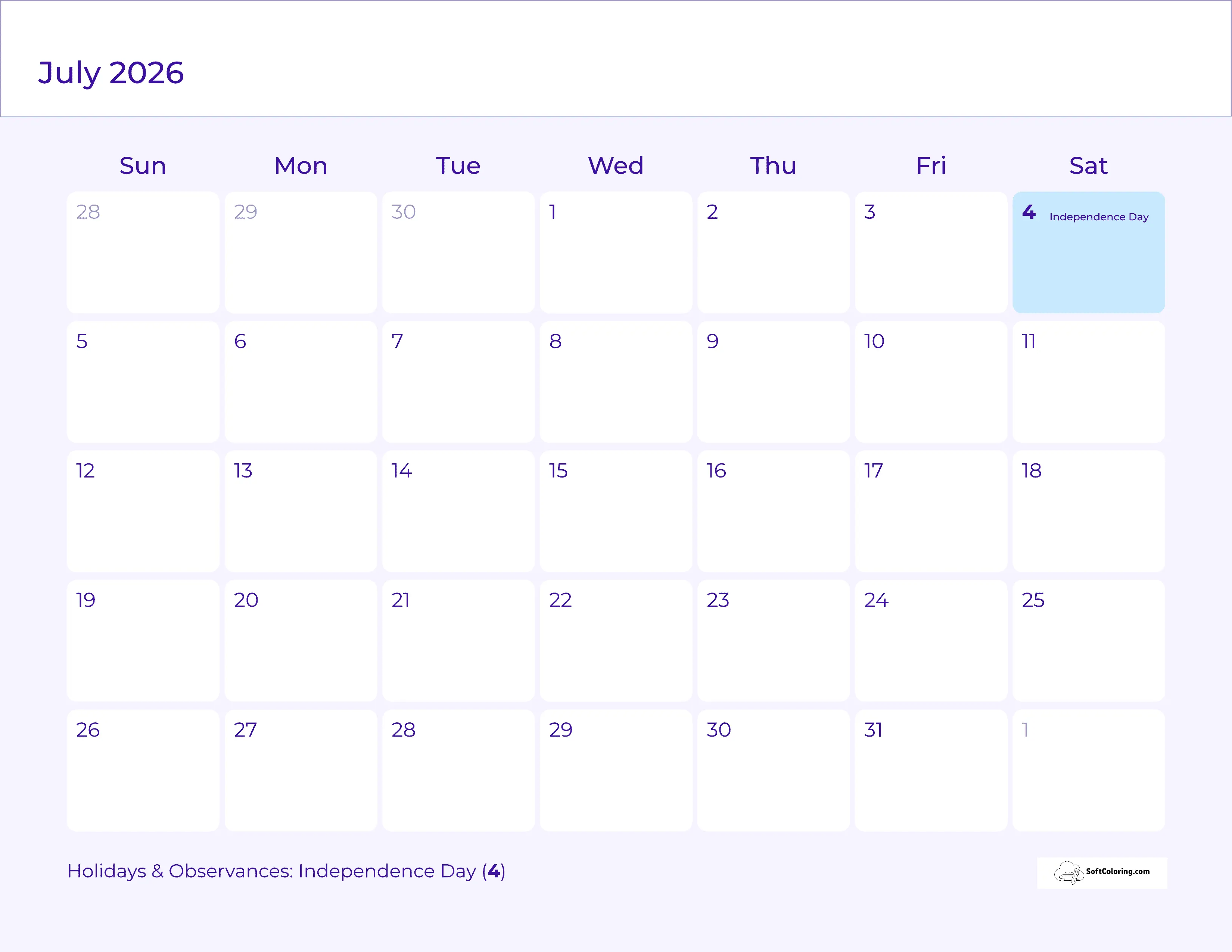 Simple Purple 2026 July Printable Calendar To Download