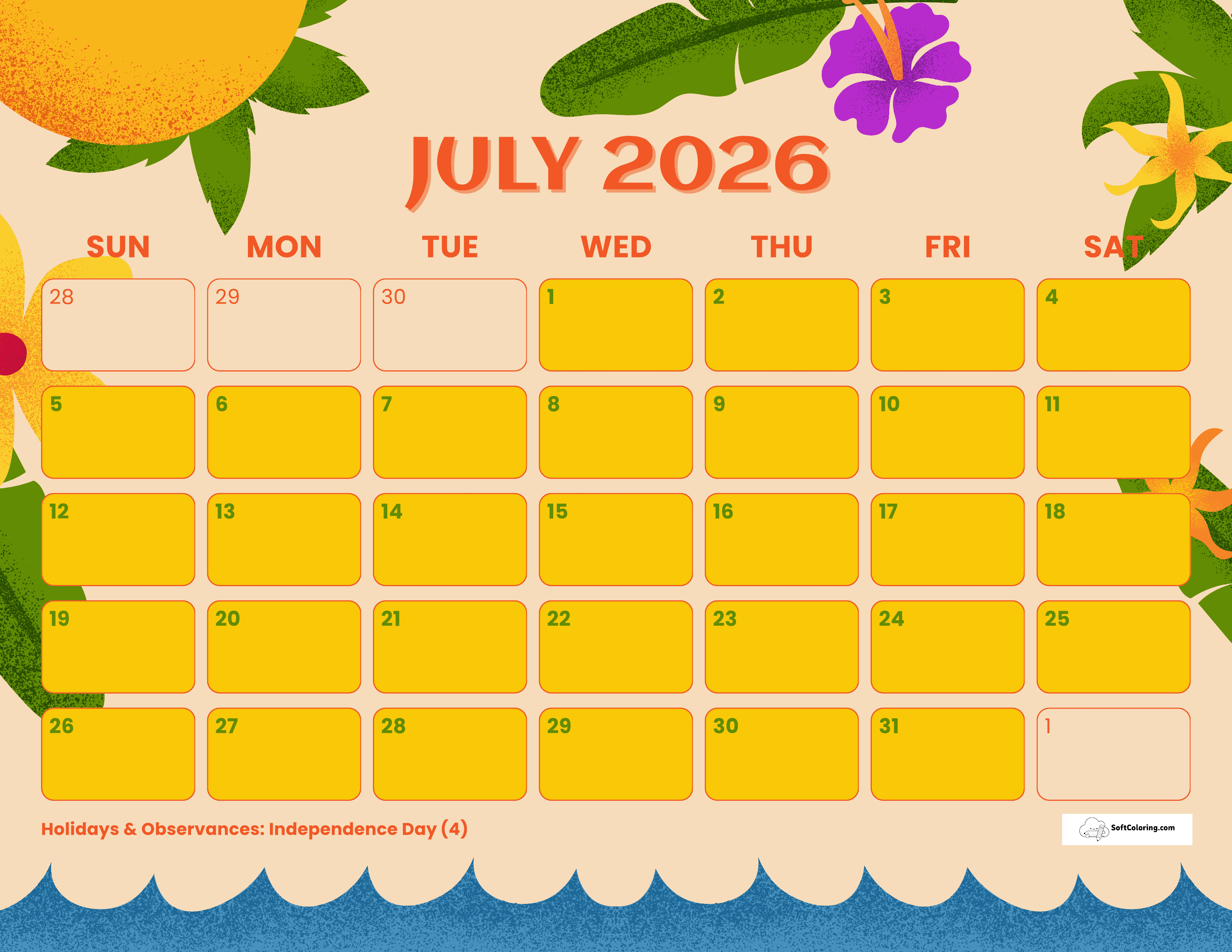 Bright Tropical Florals July 2026 Printable Calendar