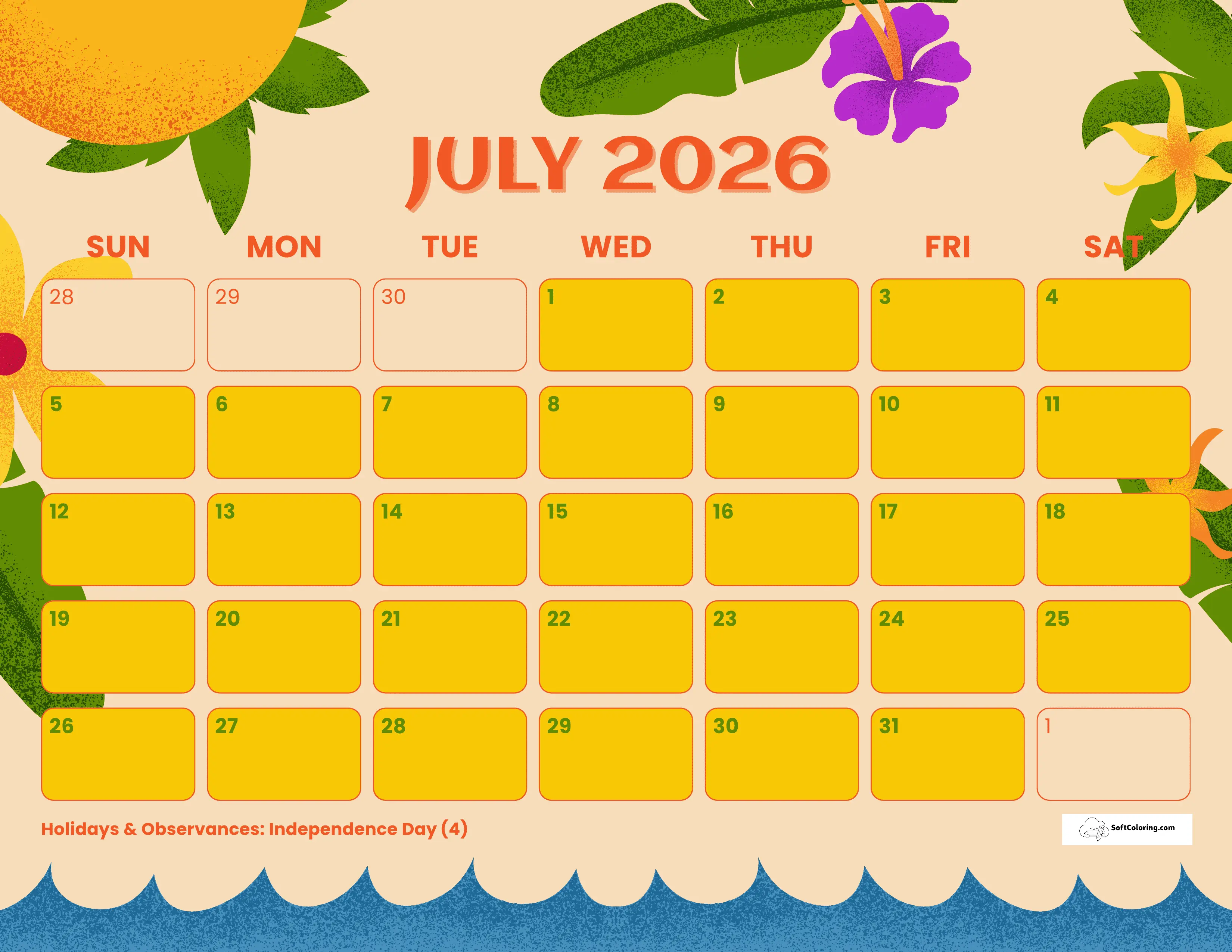 Bright Tropical Florals July 2026 Printable Calendar