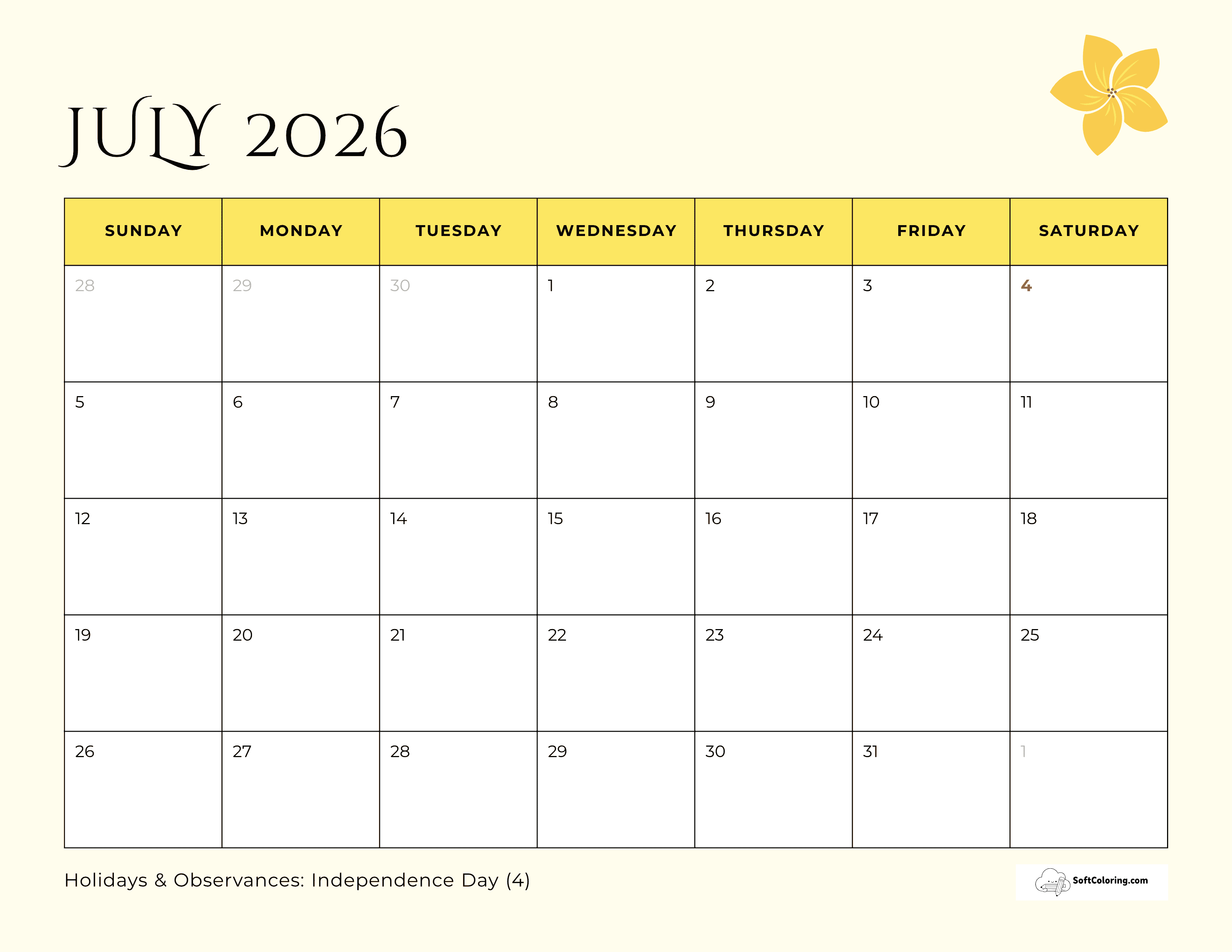 Simple Summer Flower July 2026 Calendar To Download