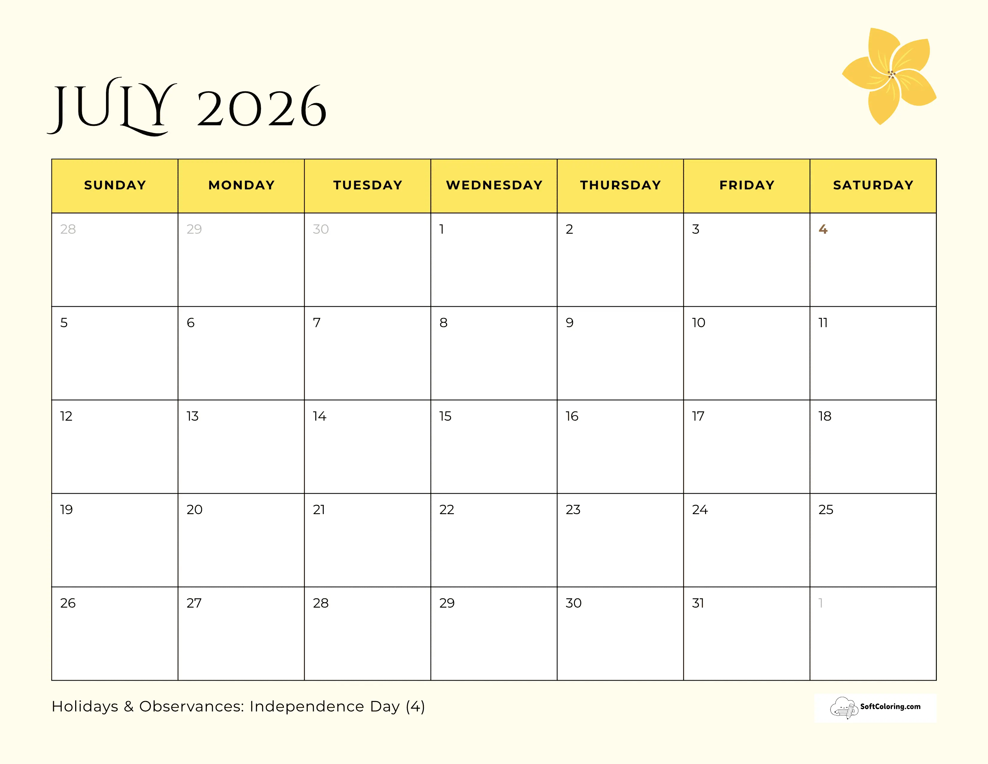 Simple Summer Flower July 2026 Calendar To Download