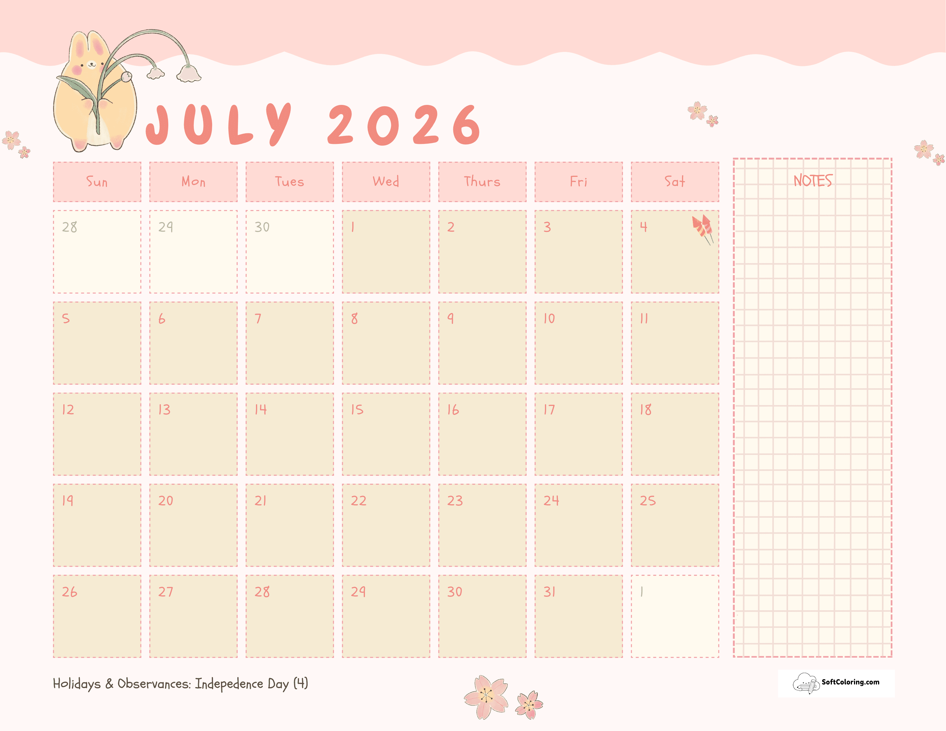 Cute Bunny July Printable Calendar Template With Notes
