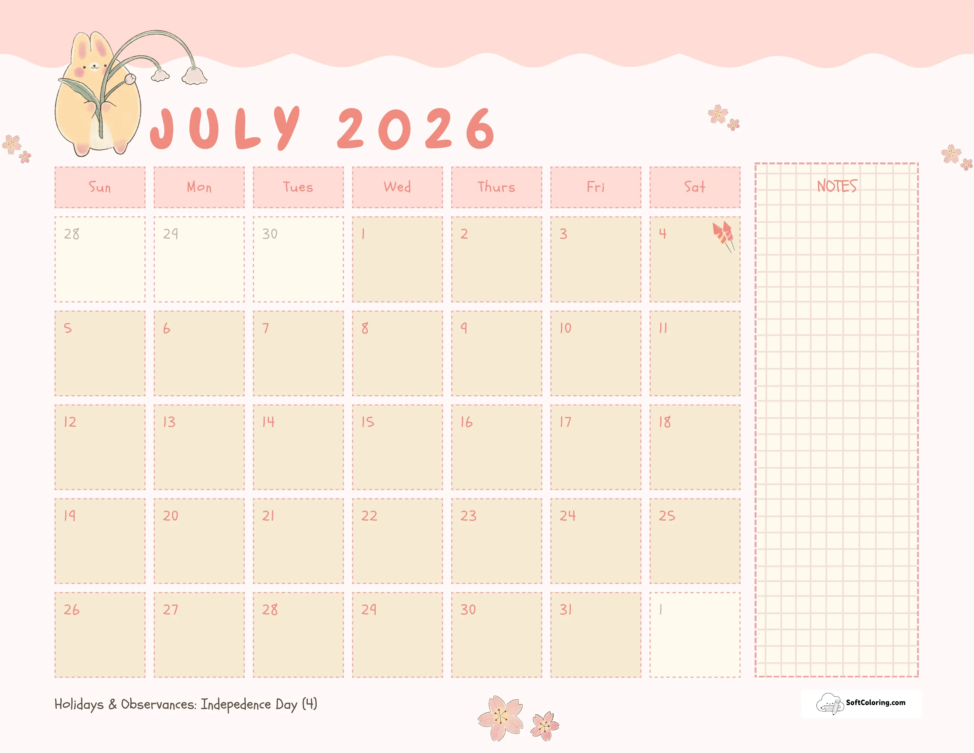 Cute Bunny July Printable Calendar Template With Notes