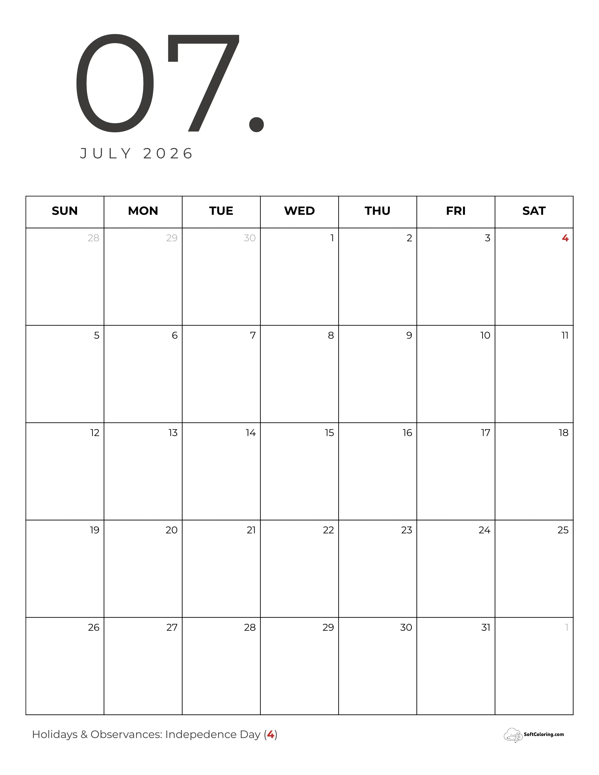 Portrait Minimalist Printable July 2026 Calendar