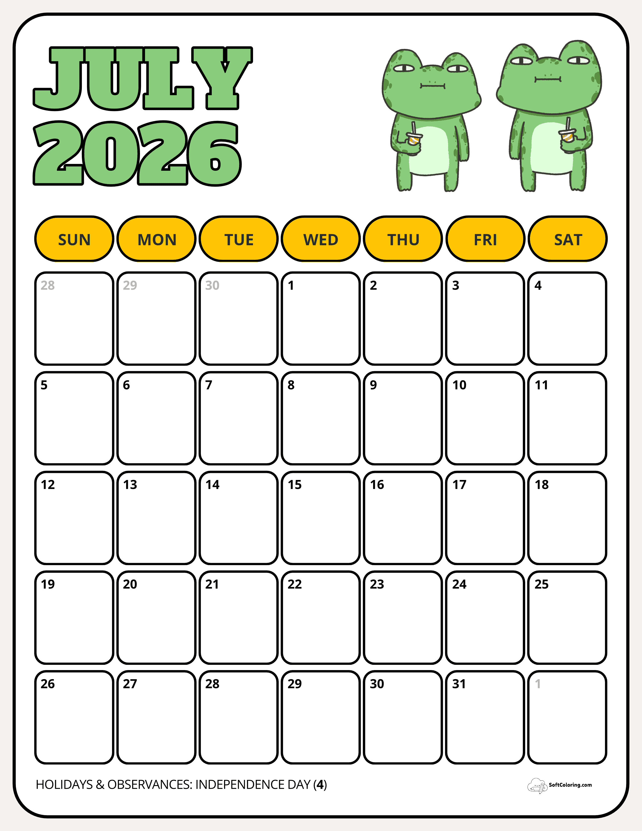 Playful Frog Buddies Summertime July 2026 Printable Calendar