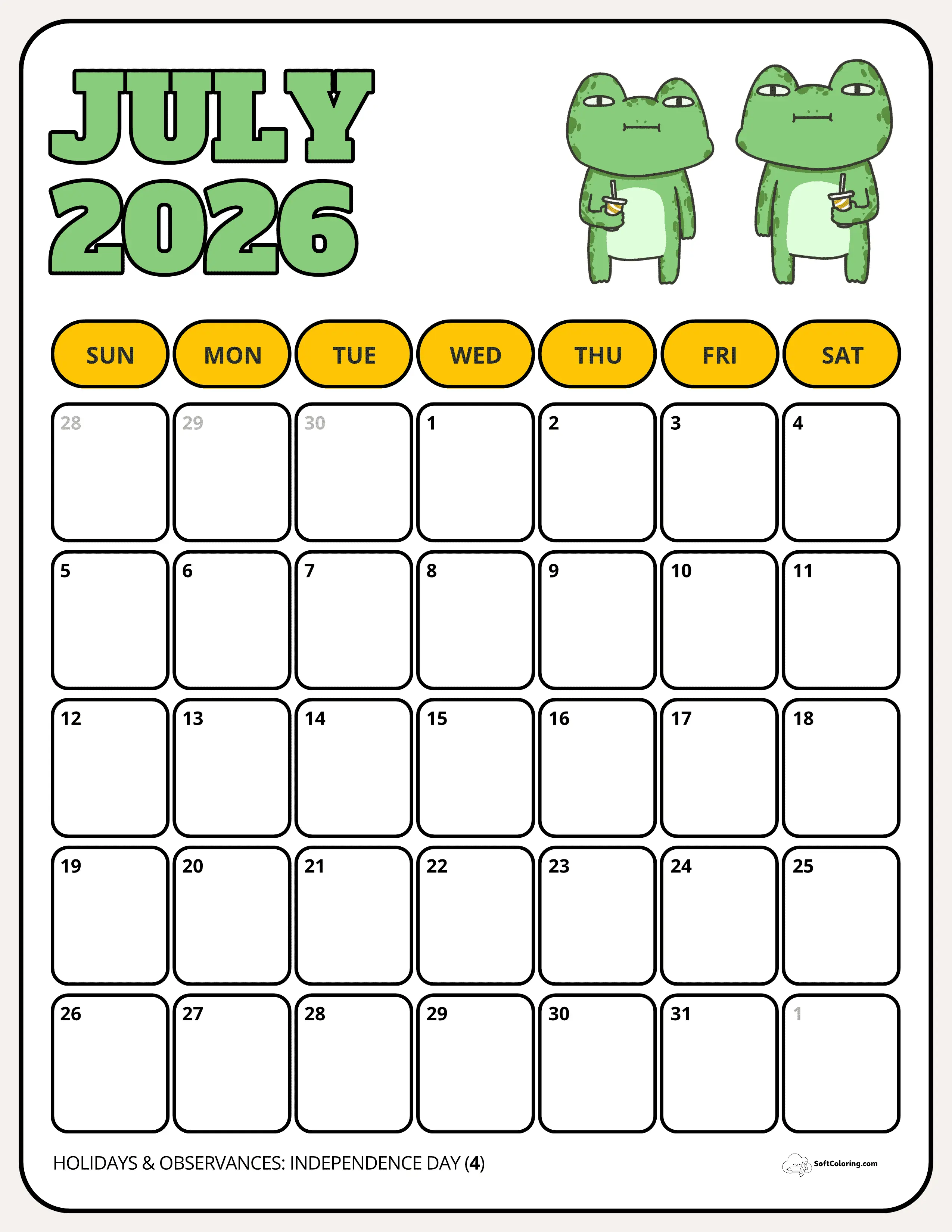 Playful Frog Buddies Summertime July 2026 Printable Calendar
