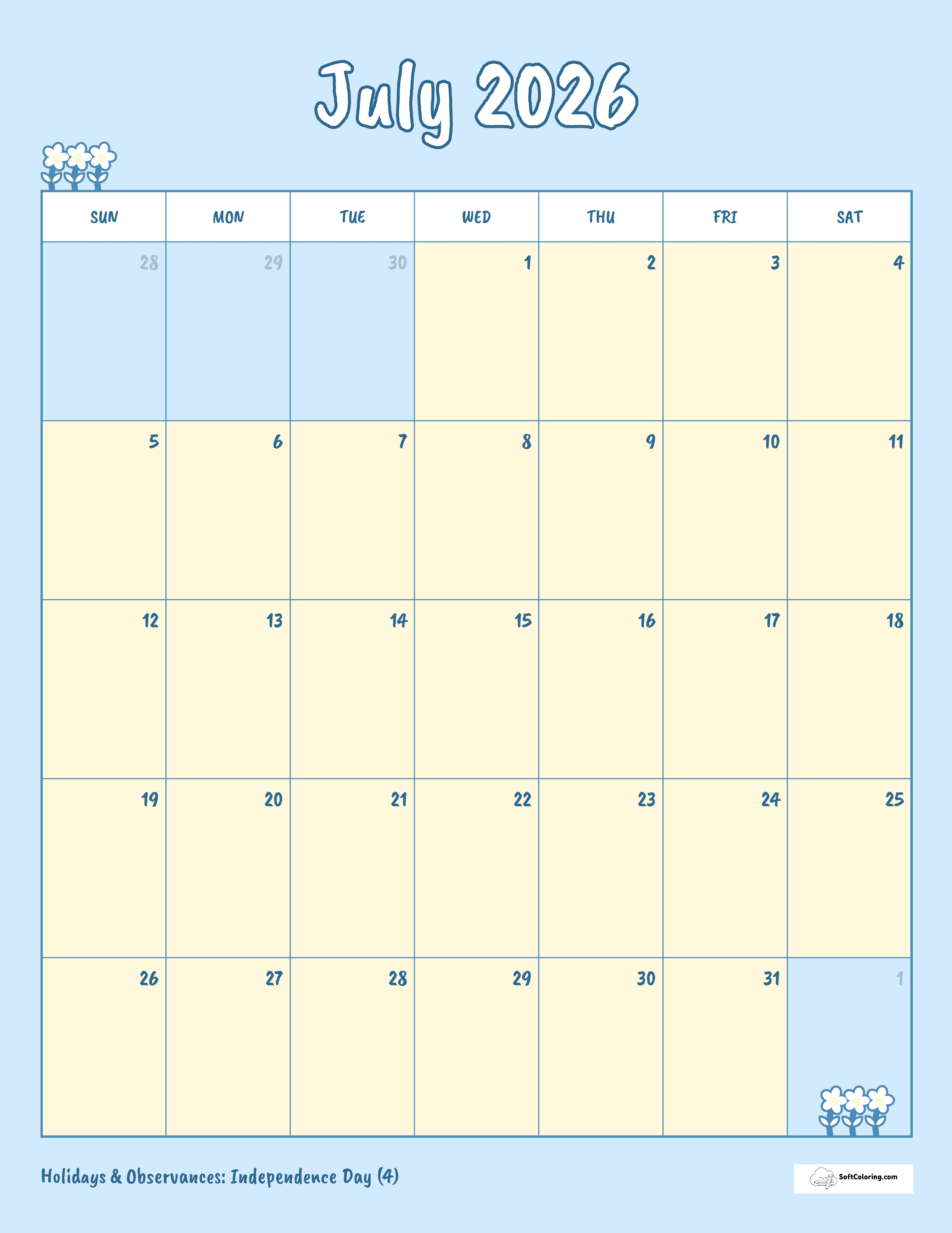 Cute Simple Blue July Calendar 2026 Template