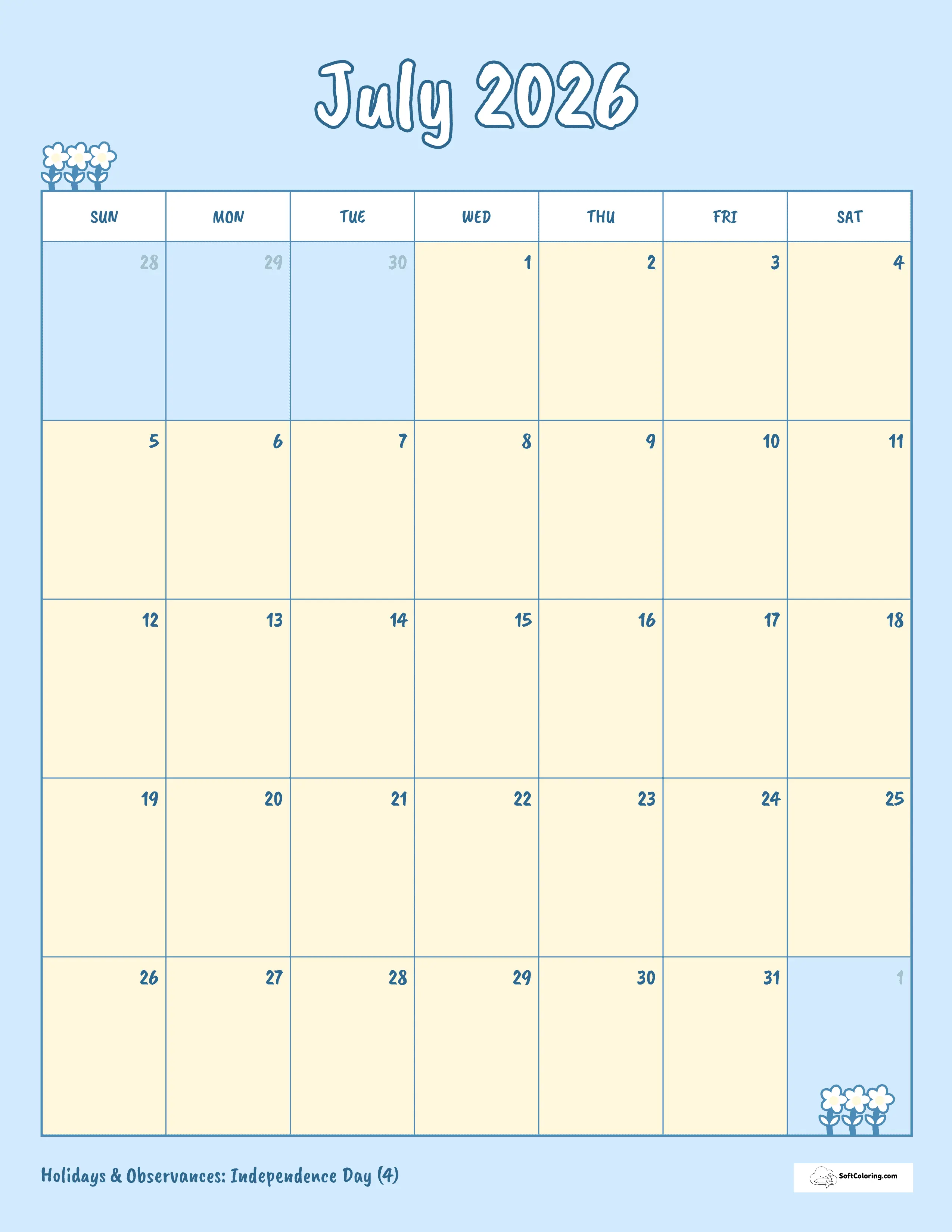 Cute Simple Blue July Calendar 2026 Template