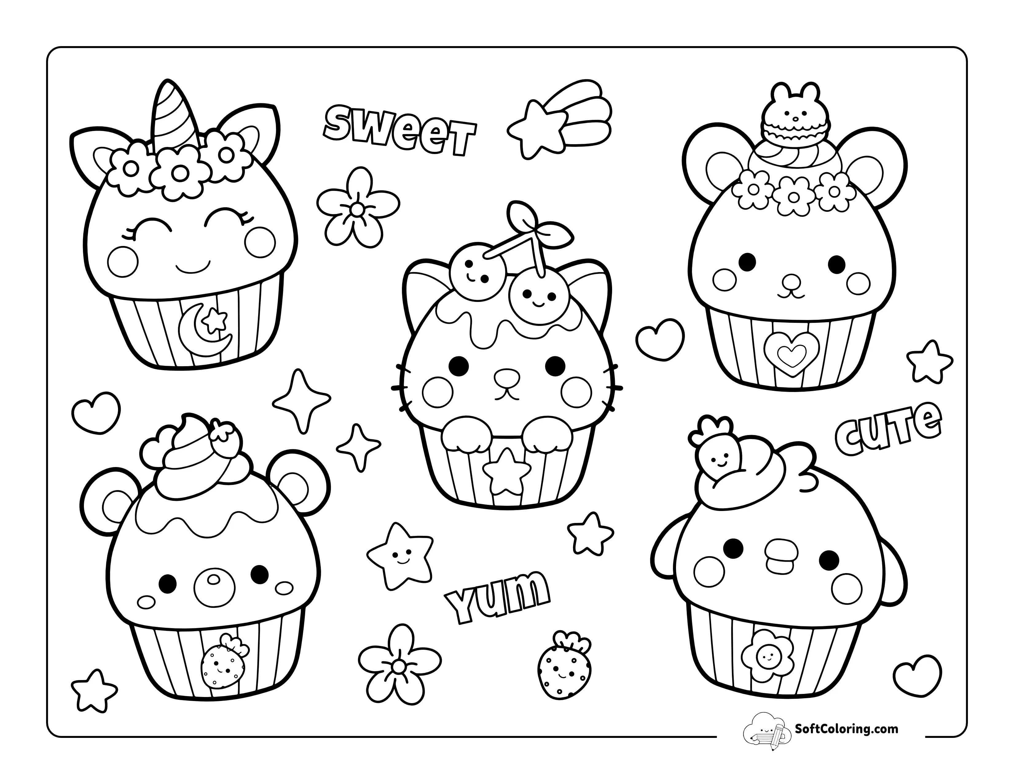 Kawaii Animal Cupcakes Coloring Page